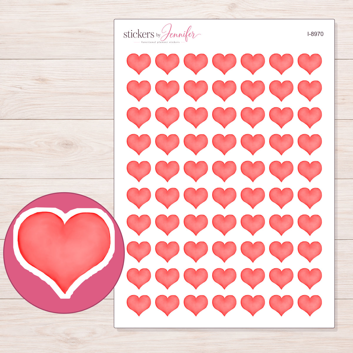 Bright Red Watercolor Heart Planner Stickers | I-8970 — 5 × 7 inch sheet and enlarged sticker detail