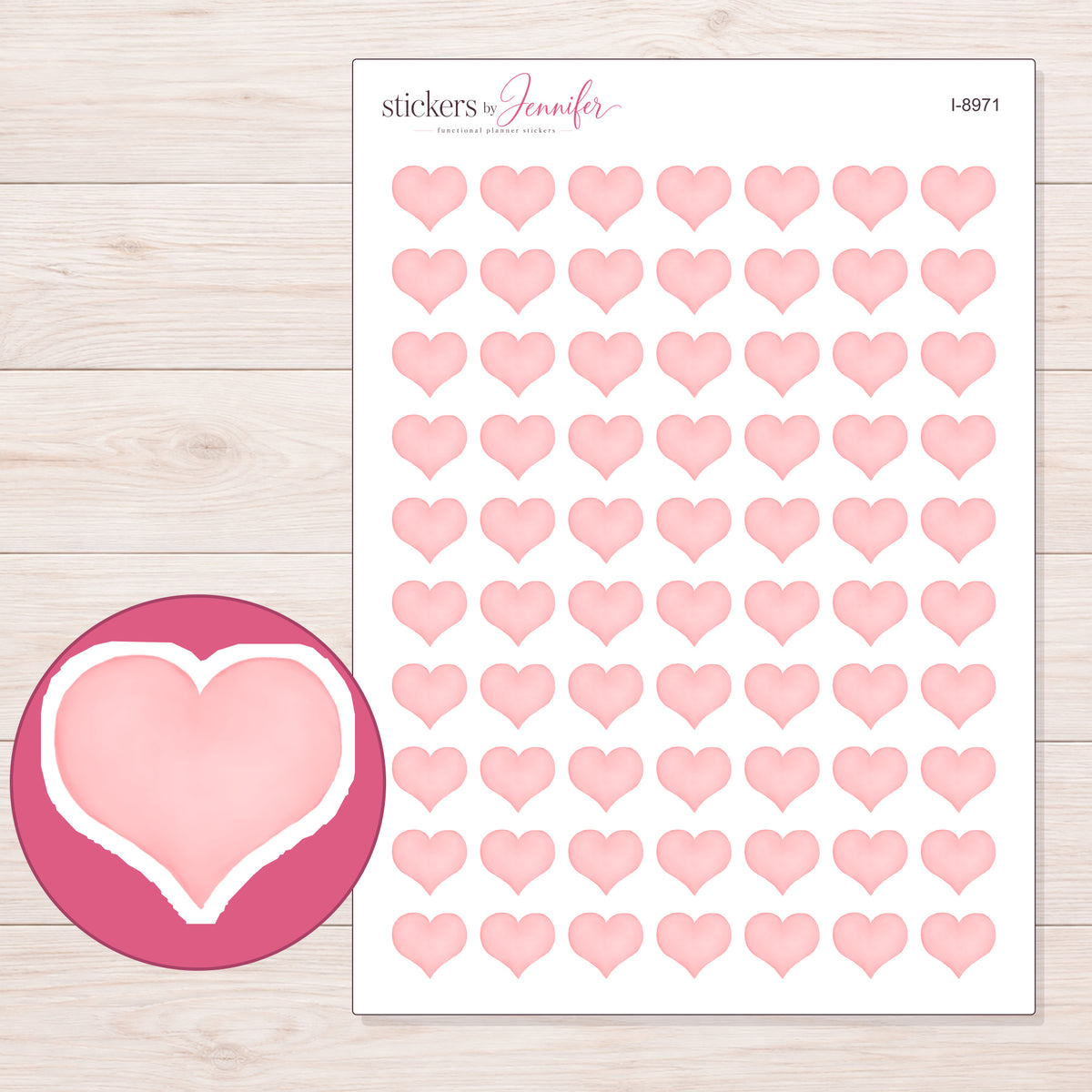 Pastel Pink Watercolor Heart Planner Stickers | I-8971 — 5 × 7 inch sheet and enlarged sticker detail