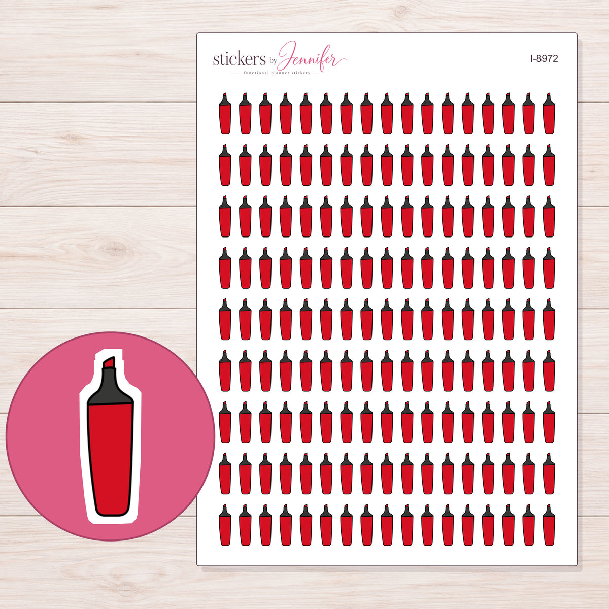 Red Highlighter Planner Stickers | I-8972 — 5 × 7 inch sheet and enlarged sticker detail