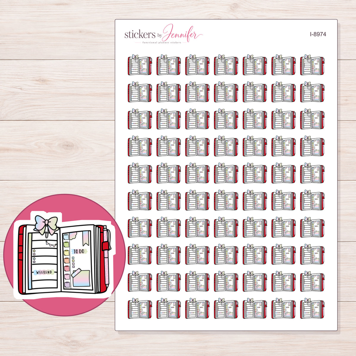 Open Bow Planner Planner Stickers | I-8974 — 5 × 7 inch sheet and enlarged sticker detail