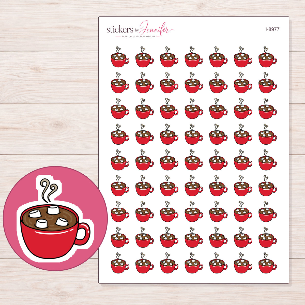 Red Hot Chocolate Mug Planner Stickers | I-8977 — 5 × 7 inch sheet and enlarged sticker detail