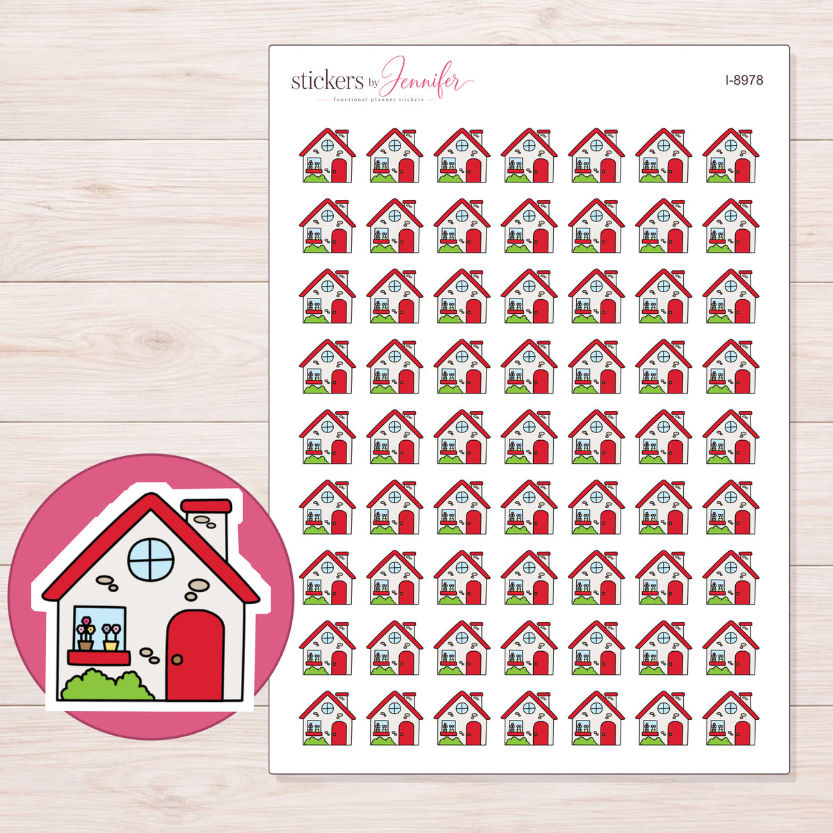 Red Roof House Planner Stickers | I-8978 — 5 × 7 inch sheet and enlarged sticker detail