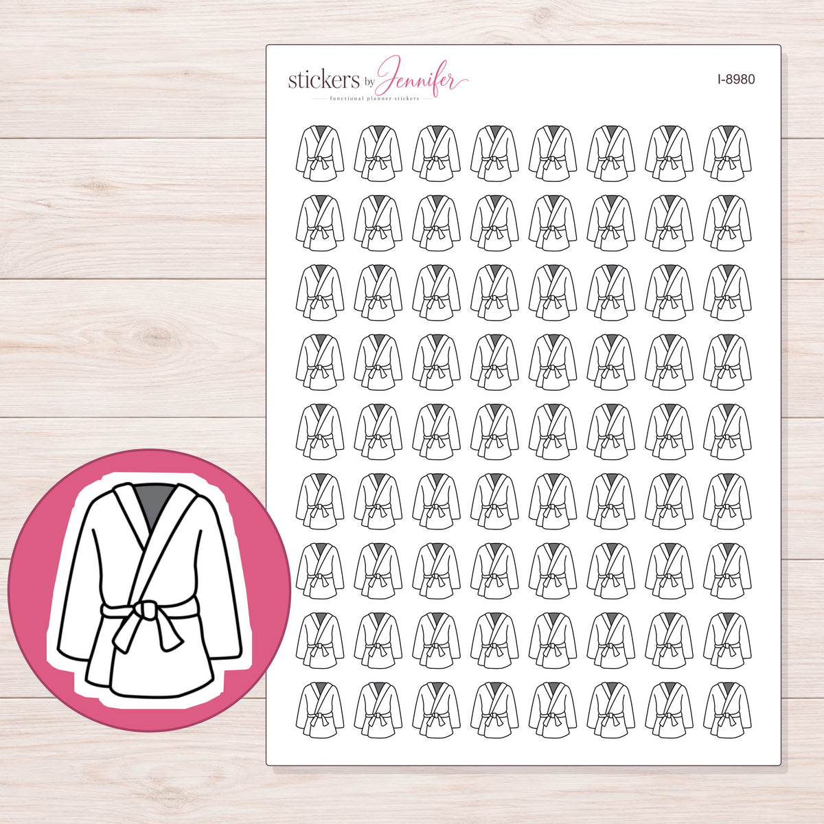 White Martial Arts Uniform Planner Stickers | I-8980 — 5 × 7 inch sheet and enlarged sticker detail