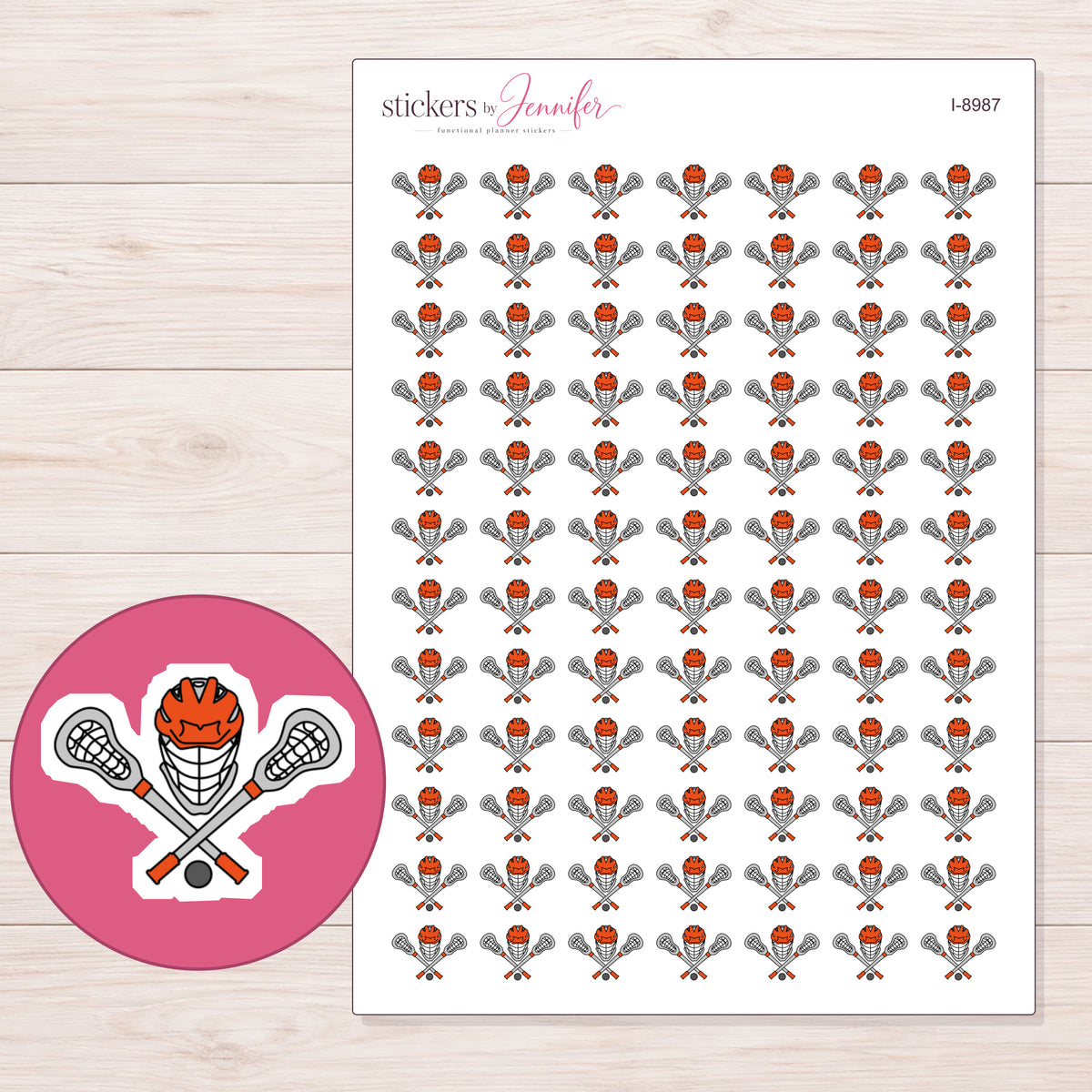 Lacrosse Sticks and Helmet Planner Stickers | I-8987 — 5 × 7 inch sheet and enlarged sticker detail