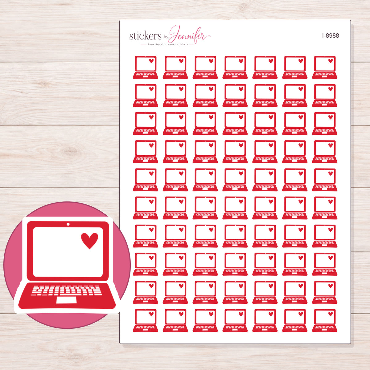 Red Heart Laptop Planner Stickers | I-8988 — 5 × 7 inch sheet and enlarged sticker detail