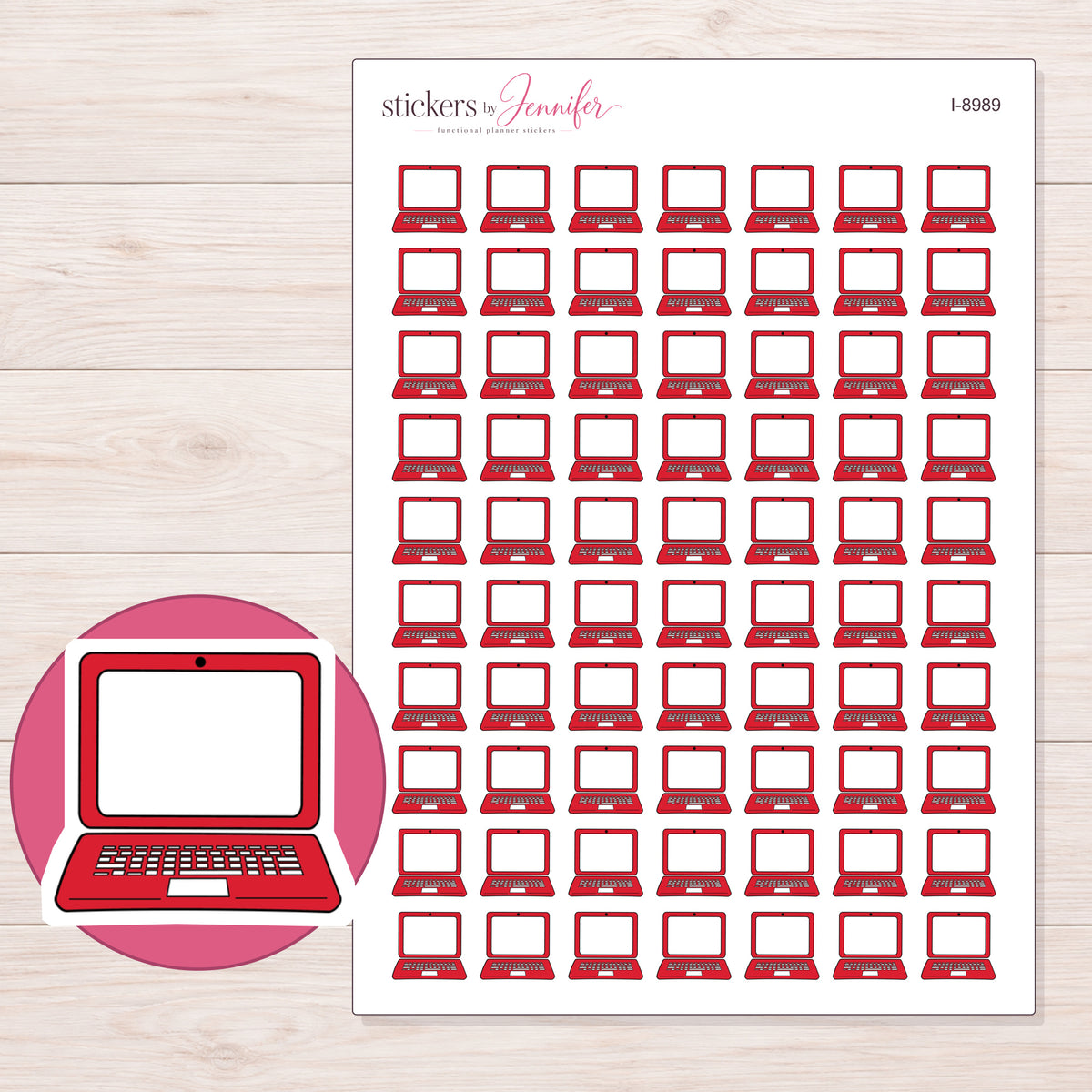 Red Doodle Laptop Planner Stickers | I-8989 — 5 × 7 inch sheet and enlarged sticker detail