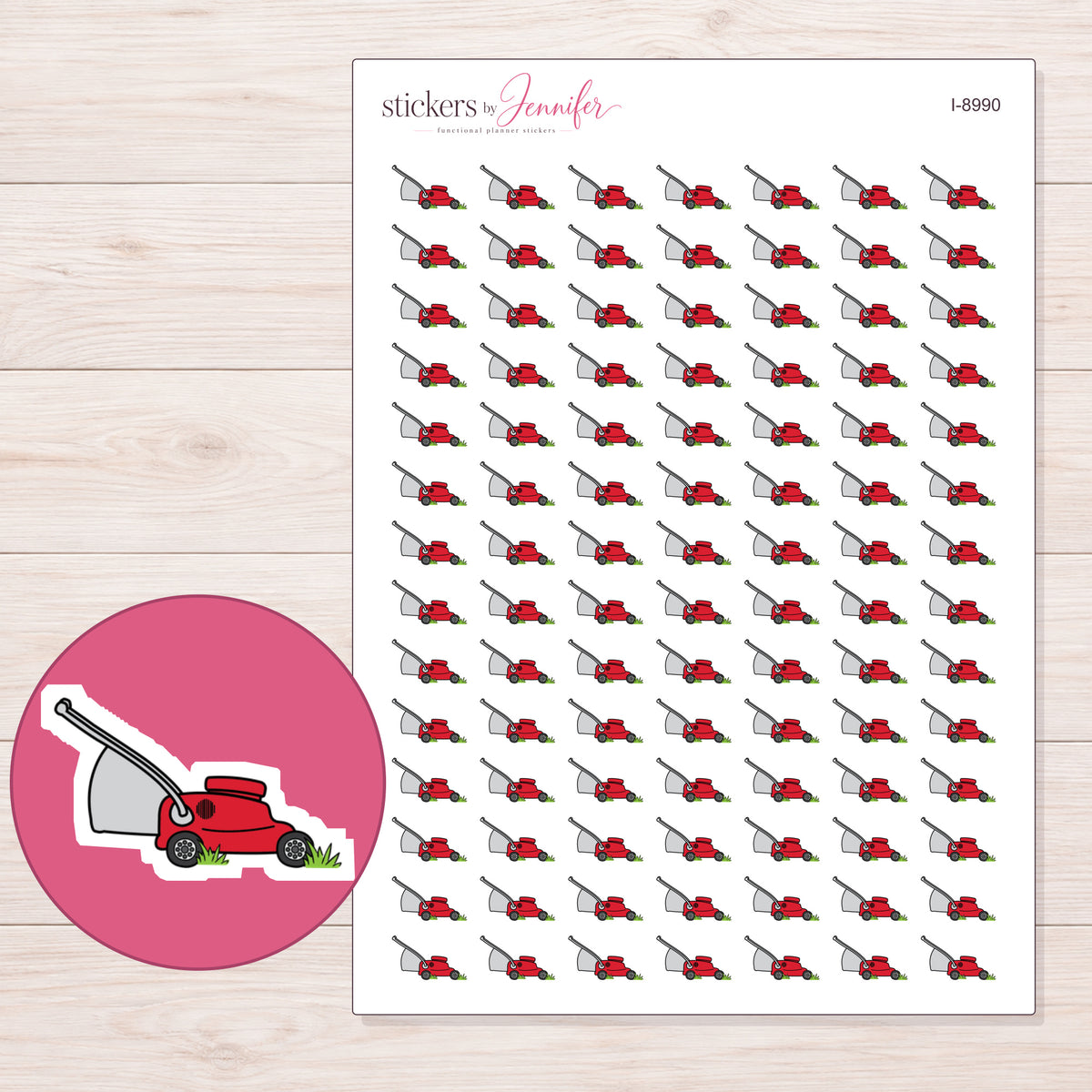 Red Lawn Mower Planner Stickers | I-8990 — 5 × 7 inch sheet and enlarged sticker detail