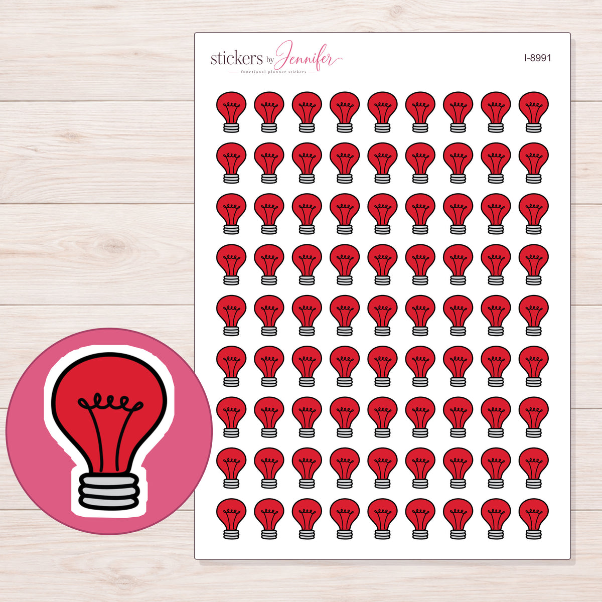 Red Light Bulb Planner Stickers | I-8991 — 5 × 7 inch sheet and enlarged sticker detail