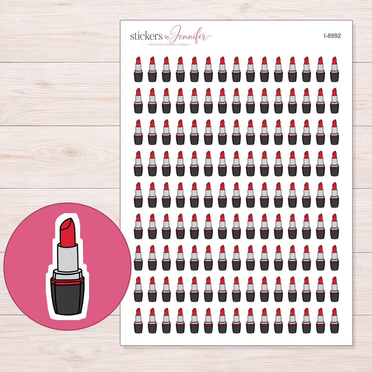 Red Lipstick Planner Stickers | I-8992 — 5 × 7 inch sheet and enlarged sticker detail