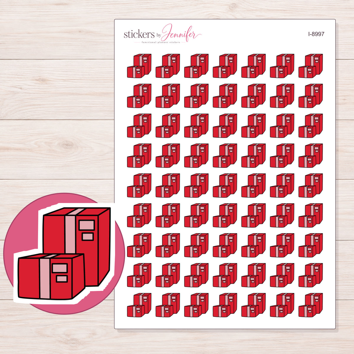 Red Parcel Boxes Planner Stickers | I-8997 — 5 × 7 inch sheet and enlarged sticker detail
