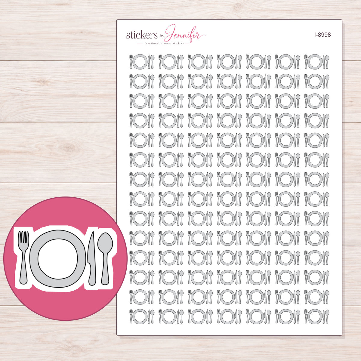 Plate and Cutlery Planner Stickers | I-8998 — 5 × 7 inch sheet and enlarged sticker detail