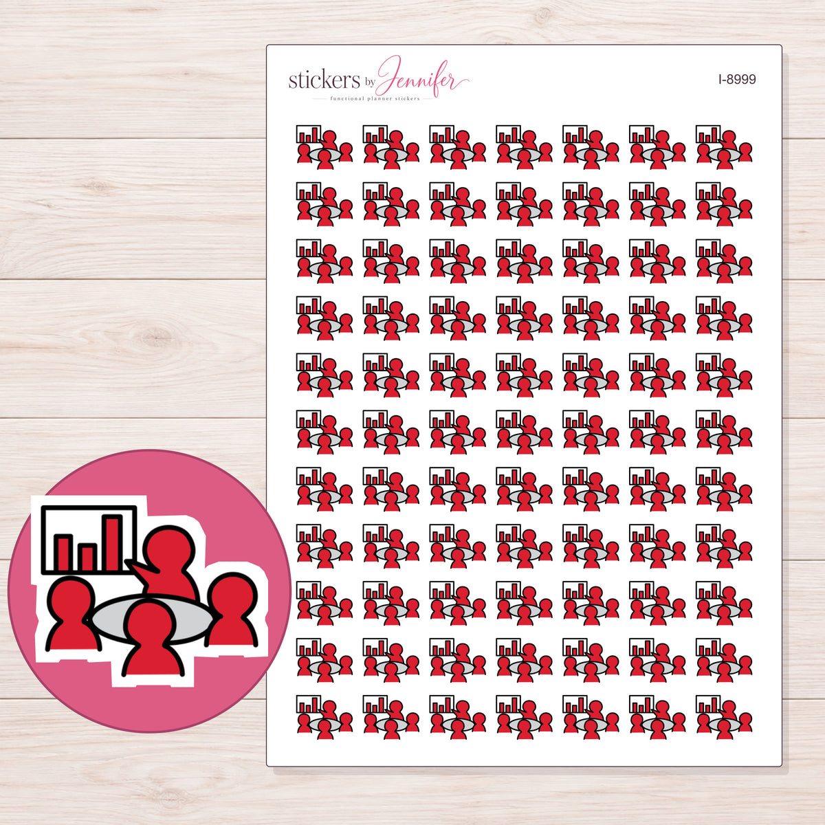 Red Team Meeting Planner Stickers | I-8999 — 5 × 7 inch sheet and enlarged sticker detail