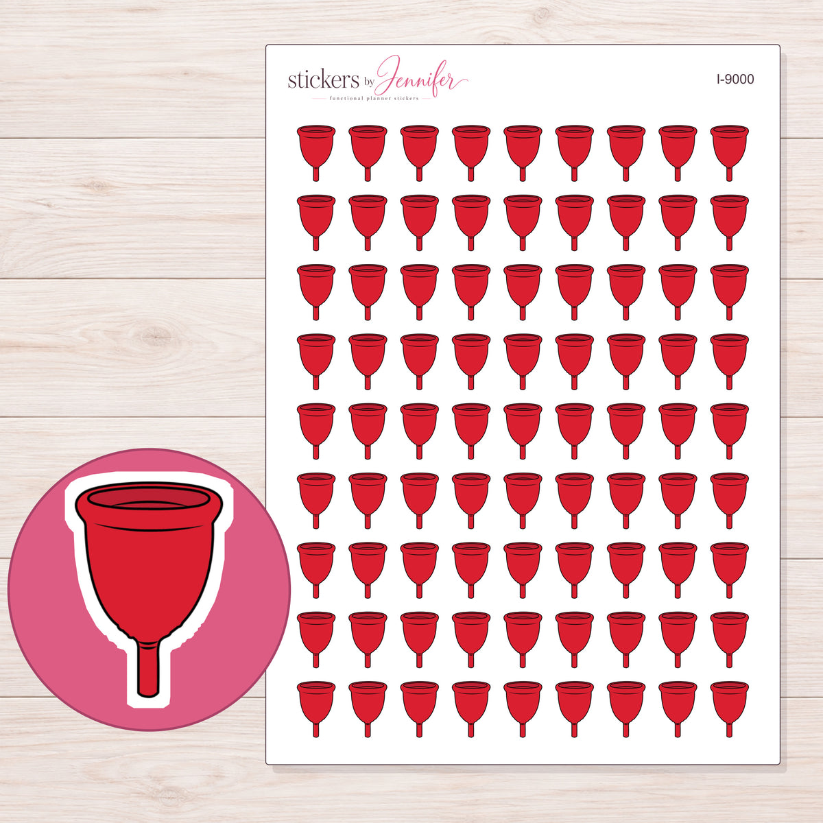 Red Menstrual Cup Planner Stickers | I-9000 — 5 × 7 inch sheet and enlarged sticker detail