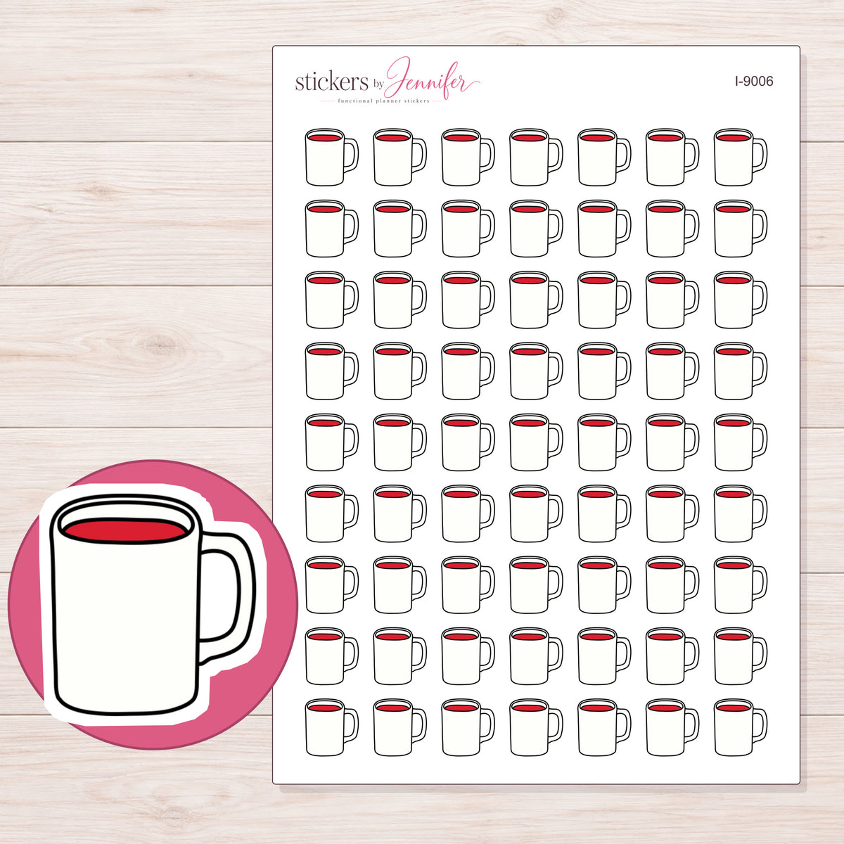 White Mug with Red Interior Planner Stickers | I-9006 — 5 × 7 inch sheet and enlarged sticker detail