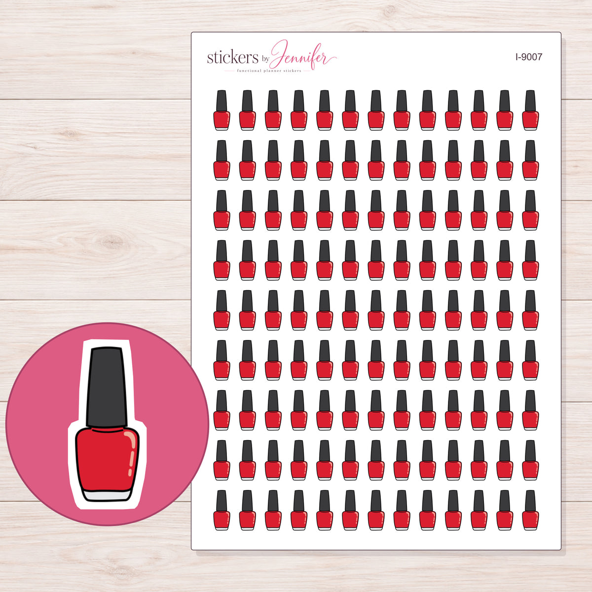 Red Nail Polish Planner Stickers | I-9007 — 5 × 7 inch sheet and enlarged sticker detail