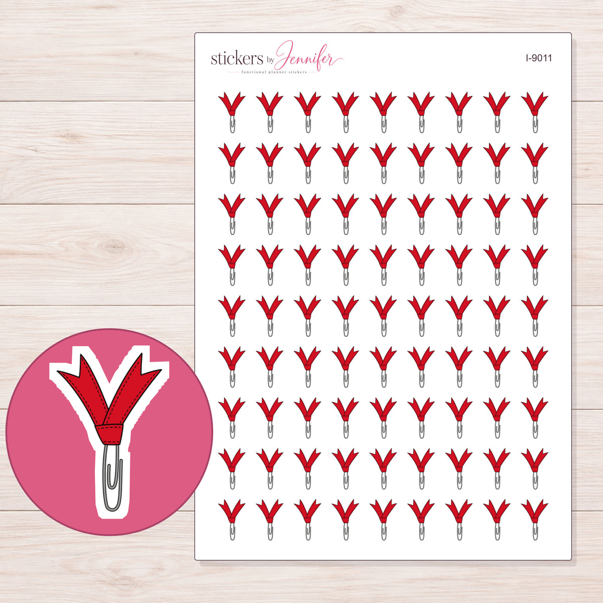 Red Ribbon Paper Clip Planner Stickers | I-9011 — 5 × 7 inch sheet and enlarged sticker detail
