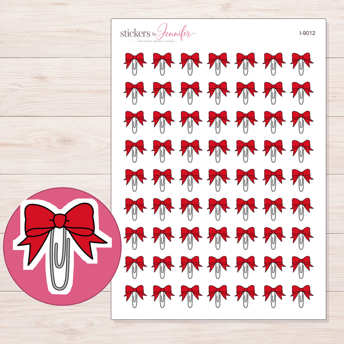 Red Bow Paper Clip Planner Stickers | I-9012 — 5 × 7 inch sheet and enlarged sticker detail