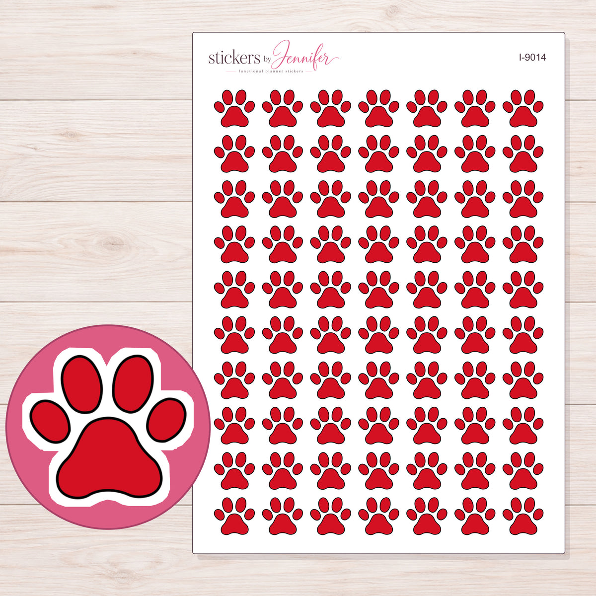 Solid Red Paw Print Planner Stickers | I-9014 — 5 × 7 inch sheet and enlarged sticker detail