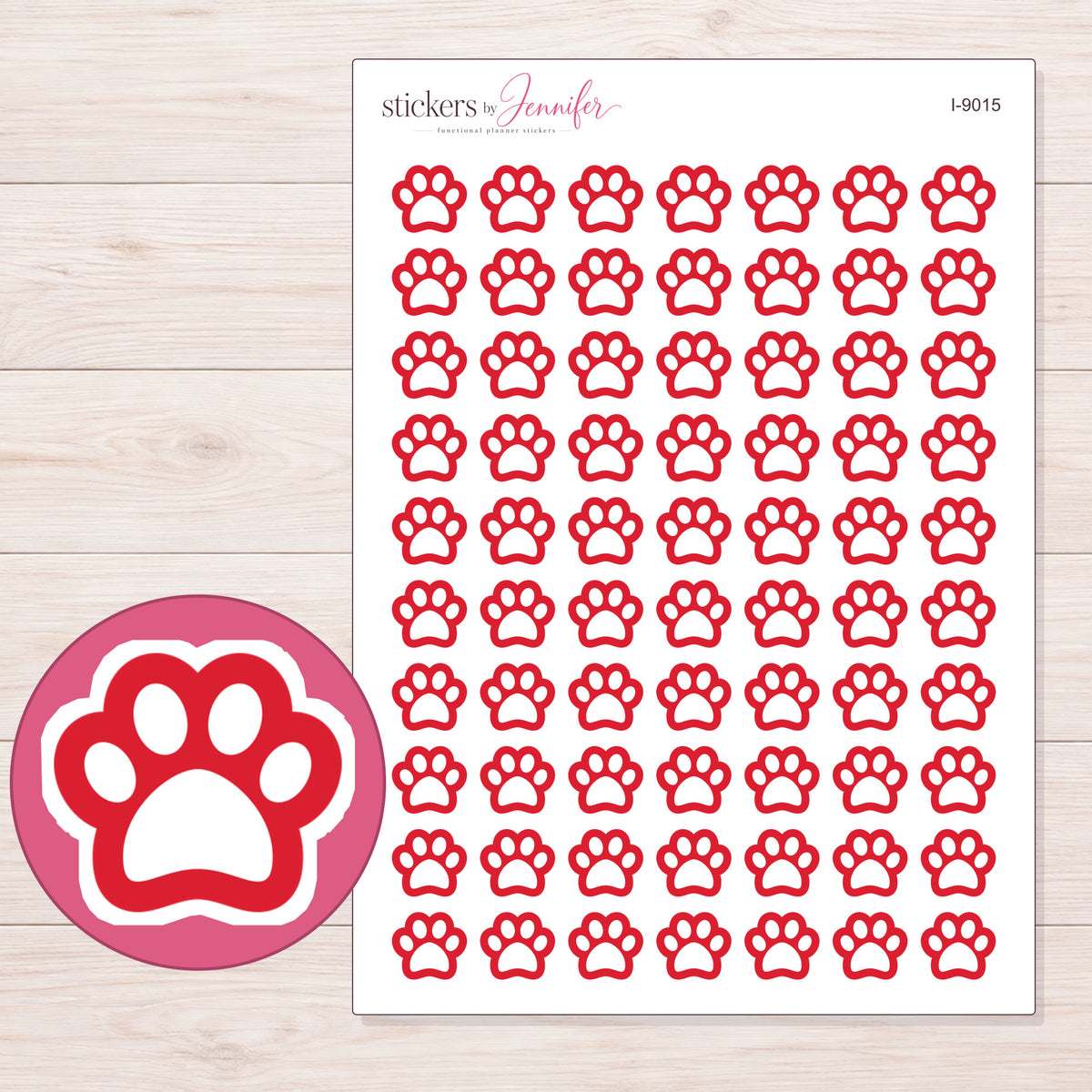 Red Outline Paw Print Planner Stickers | I-9015 — 5 × 7 inch sheet and enlarged sticker detail
