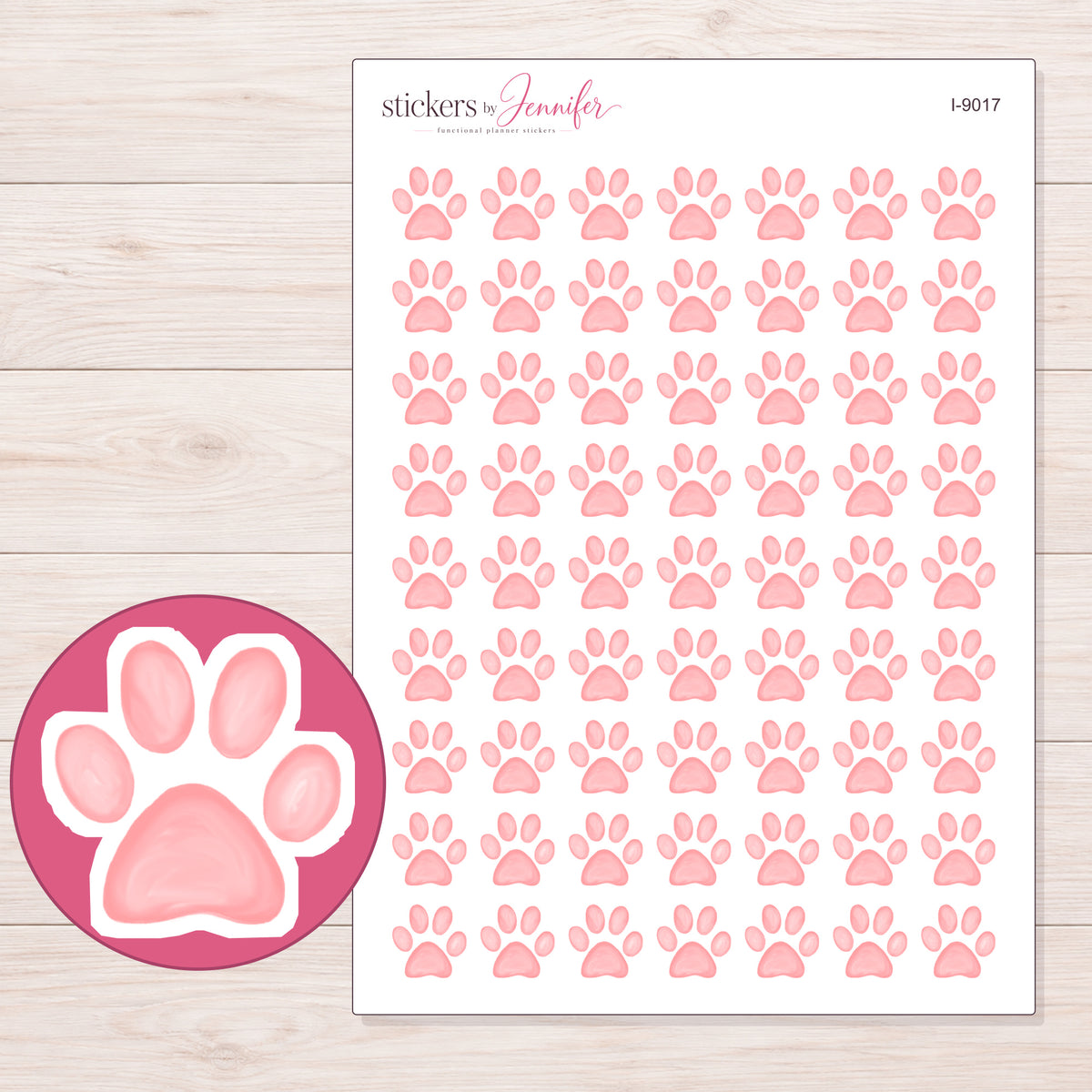 Pastel Pink Watercolor Paw Planner Stickers | I-9017 — 5 × 7 inch sheet and enlarged sticker detail