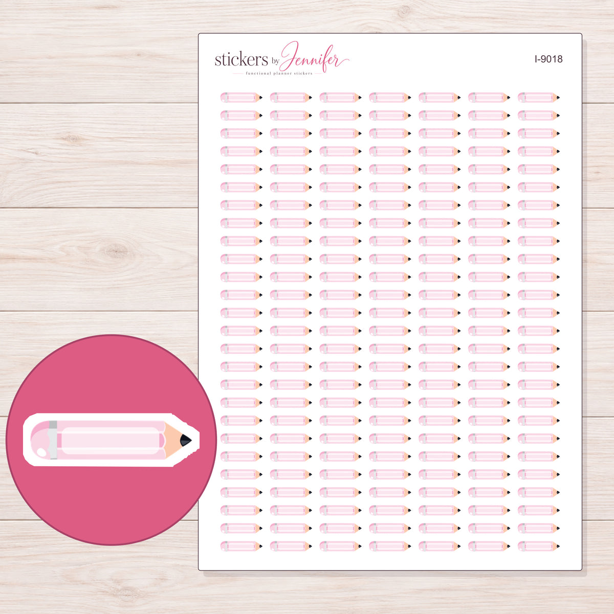 Pastel Pink Pencil Planner Stickers | I-9018 — 5 × 7 inch sheet and enlarged sticker detail