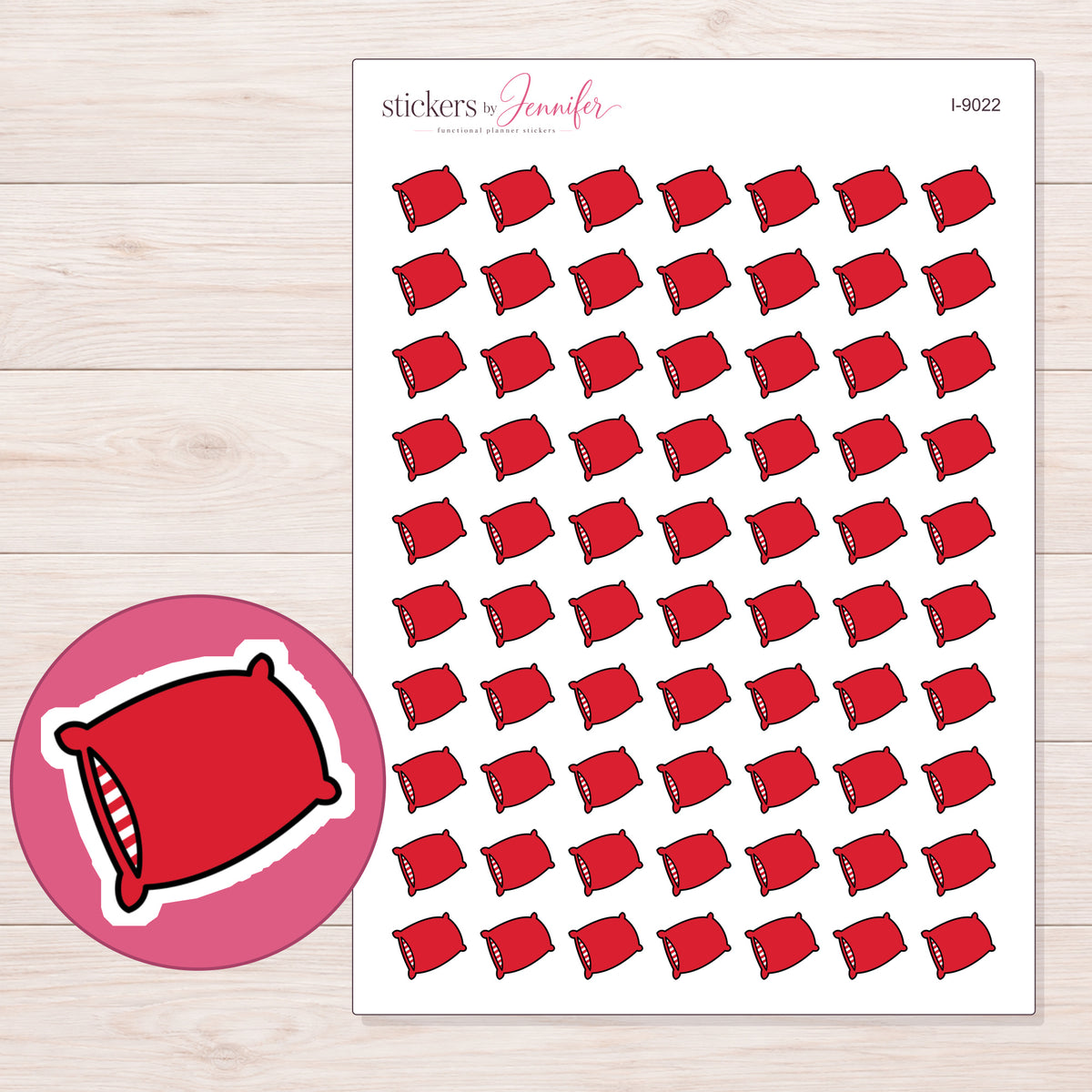 Red Pillow Planner Stickers | I-9022 — 5 × 7 inch sheet and enlarged sticker detail