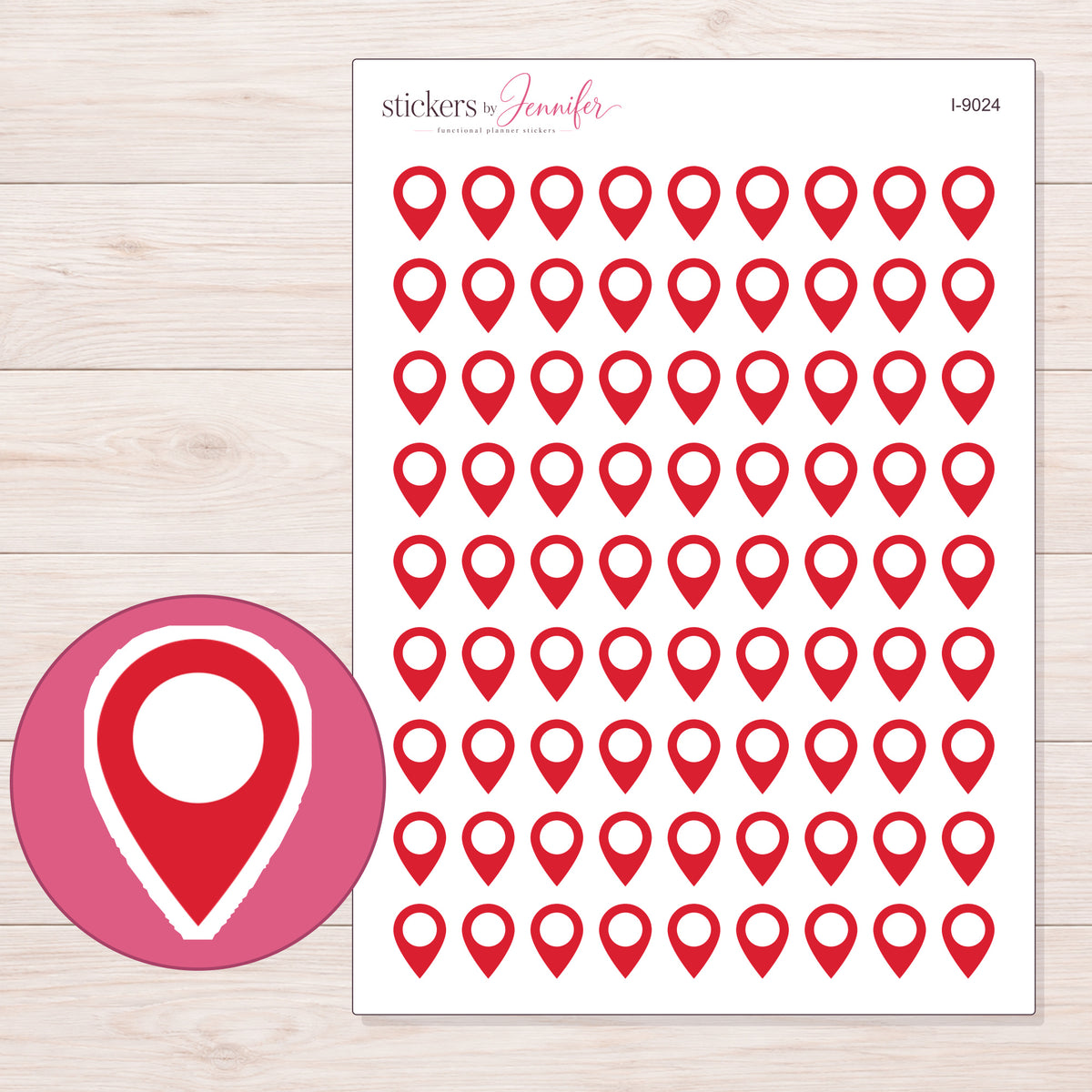 Red Location Pin Planner Stickers | I-9024 — 5 × 7 inch sheet and enlarged sticker detail
