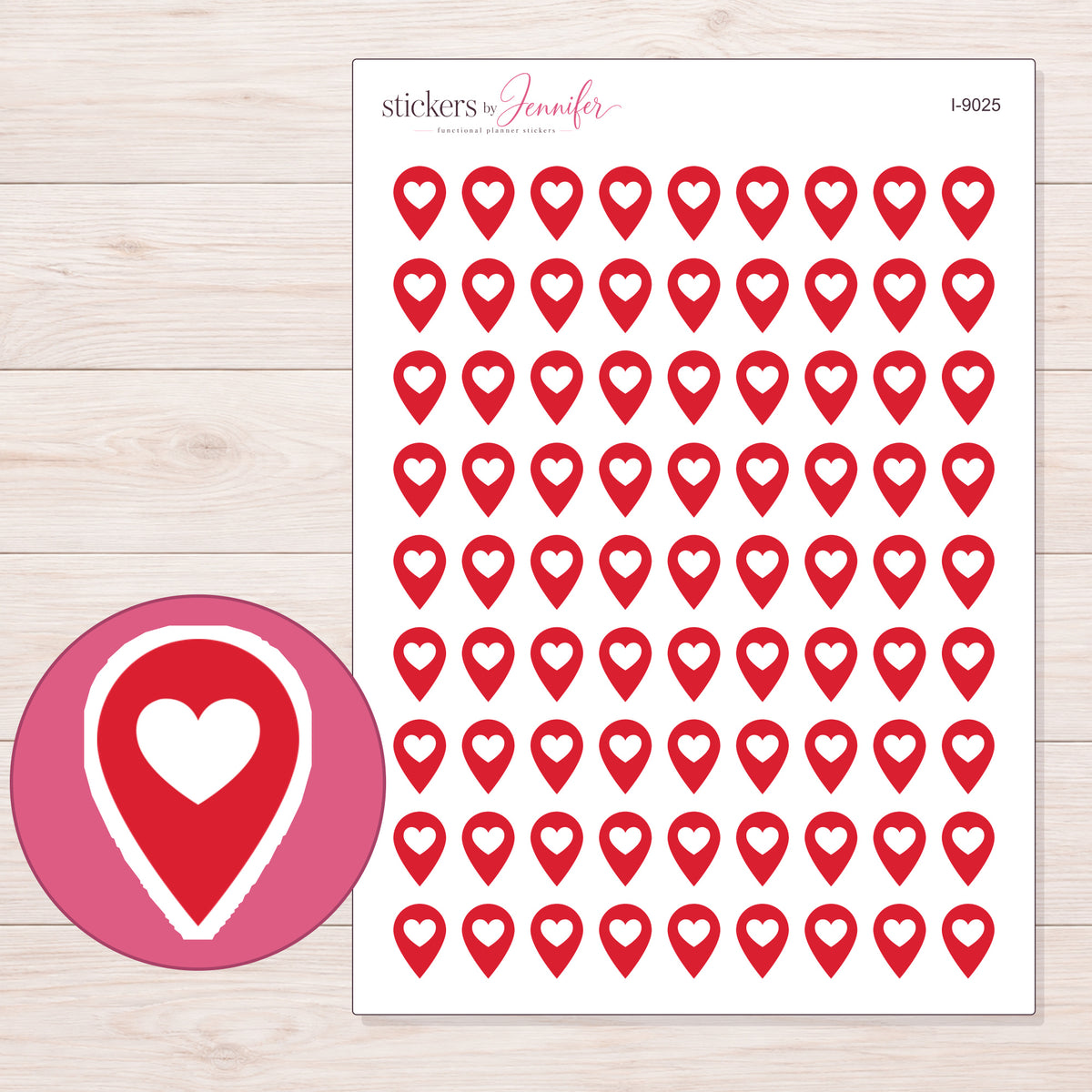 Red Heart Location Pin Planner Stickers | I-9025 — 5 × 7 inch sheet and enlarged sticker detail