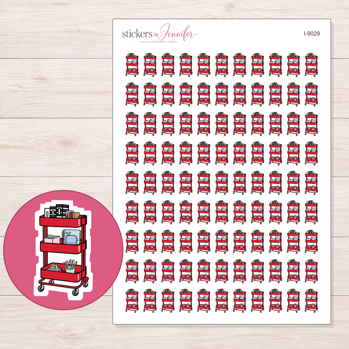 Red Planner Supply Cart Planner Stickers | I-9029 — 5 × 7 inch sheet and enlarged sticker detail