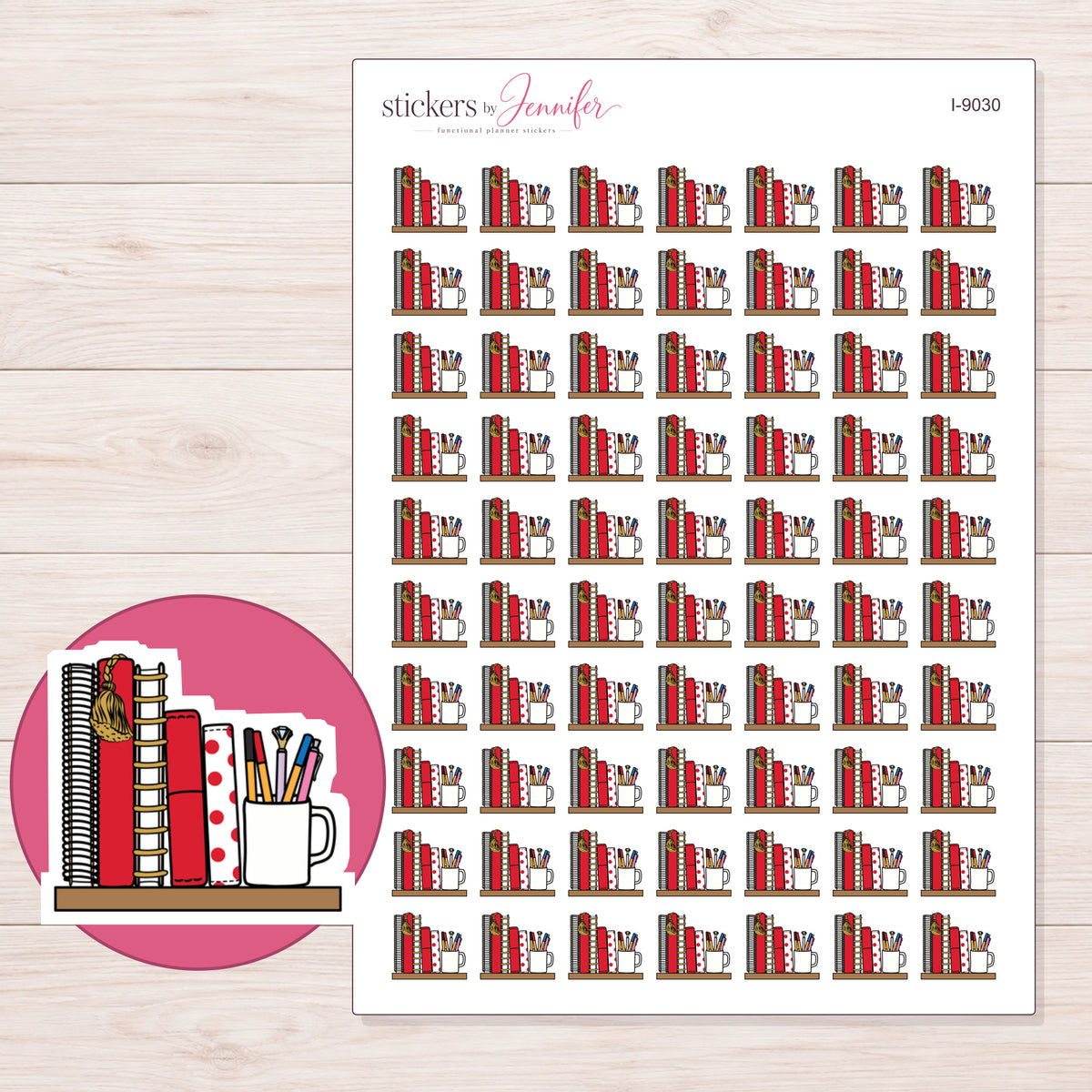 Planner Books and Pen Cup Planner Stickers | I-9030 — 5 × 7 inch sheet and enlarged sticker detail
