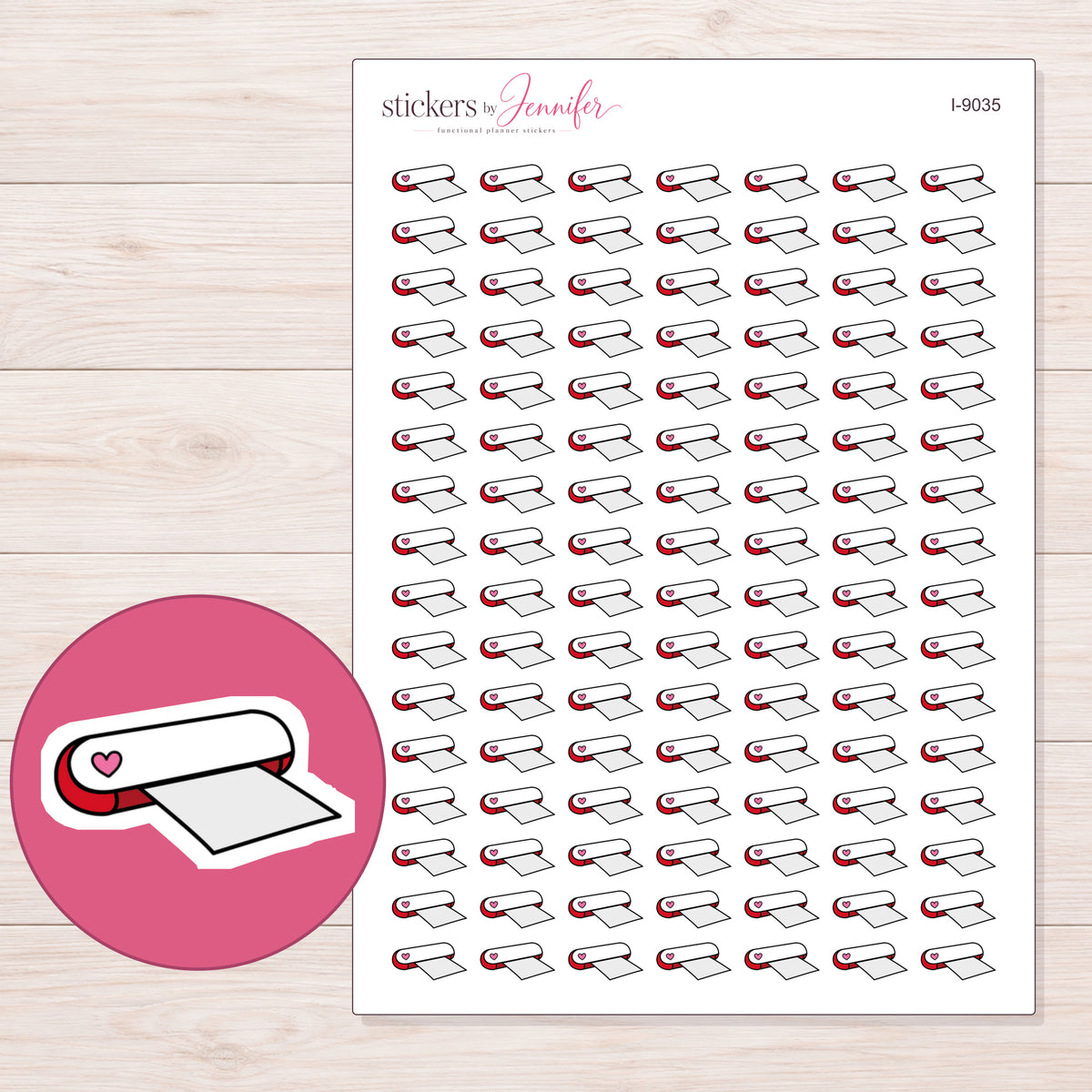 White Heart Craft Cutter Planner Stickers | I-9035 — 5 × 7 inch sheet and enlarged sticker detail