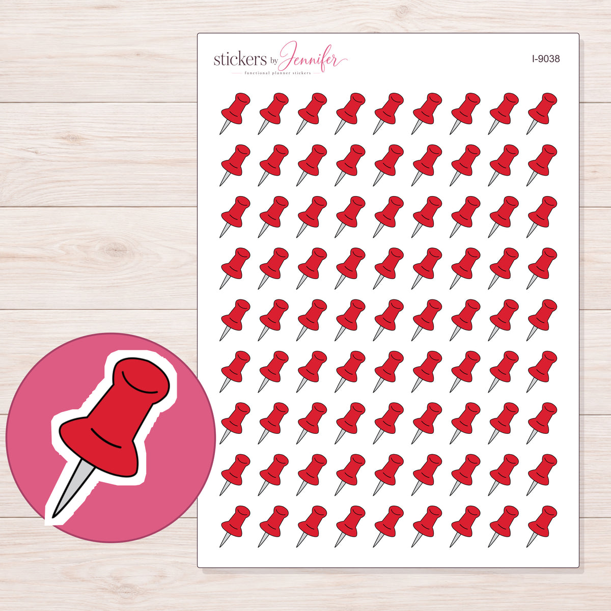 Red Pushpin Planner Stickers | I-9038 — 5 × 7 inch sheet and enlarged sticker detail