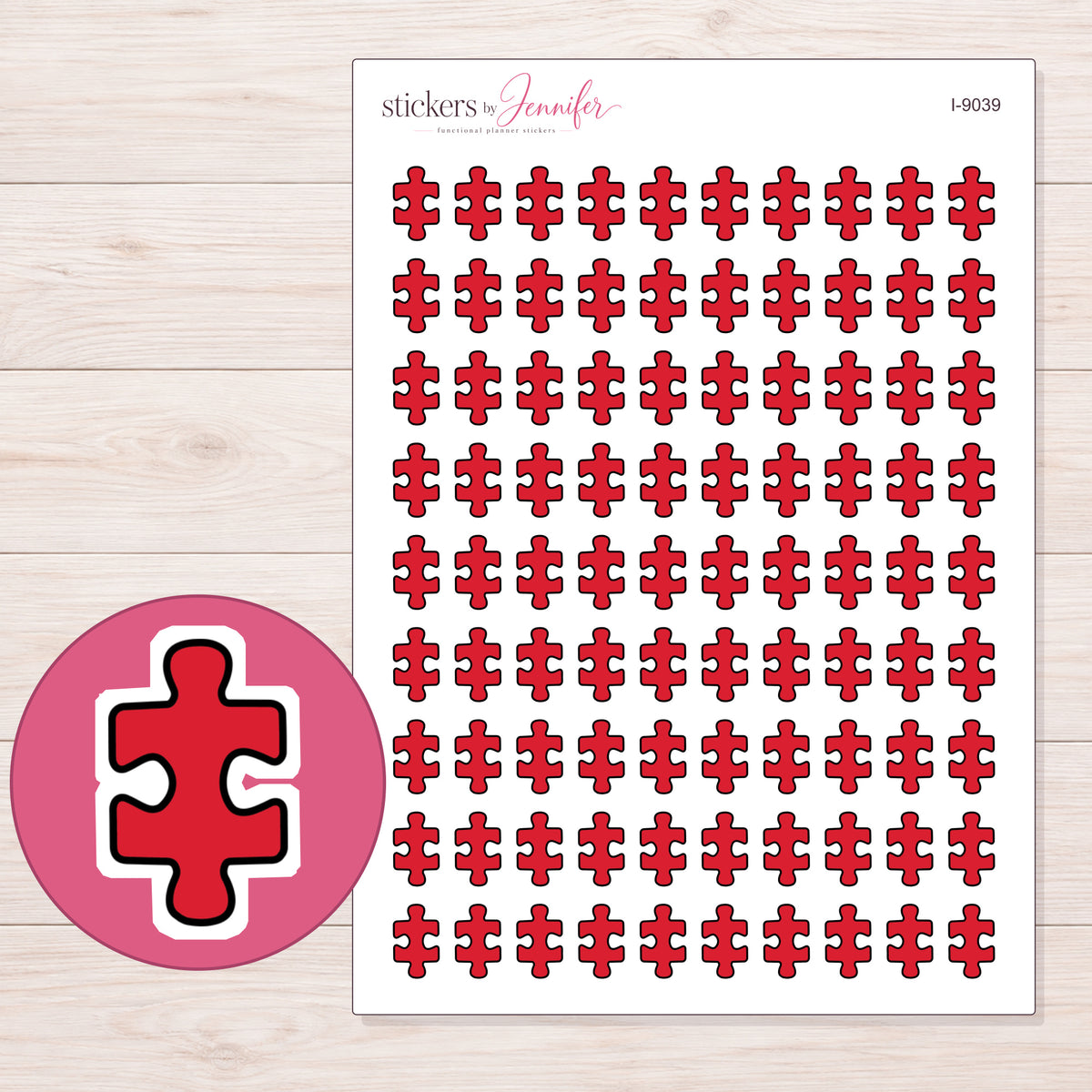 Red Puzzle Piece Planner Stickers | I-9039 — 5 × 7 inch sheet and enlarged sticker detail