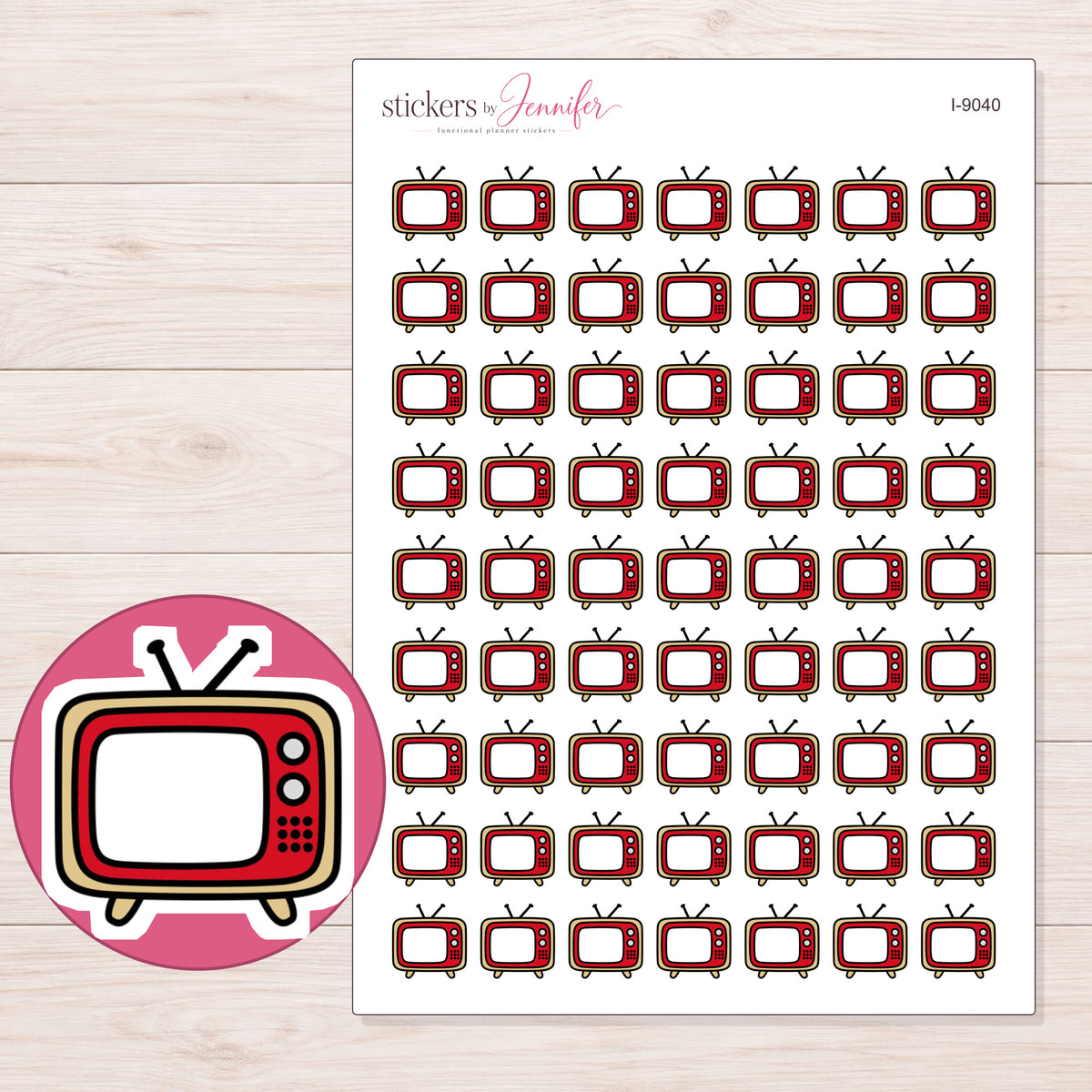 Red Retro Television Planner Stickers | I-9040 — 5 × 7 inch sheet and enlarged sticker detail