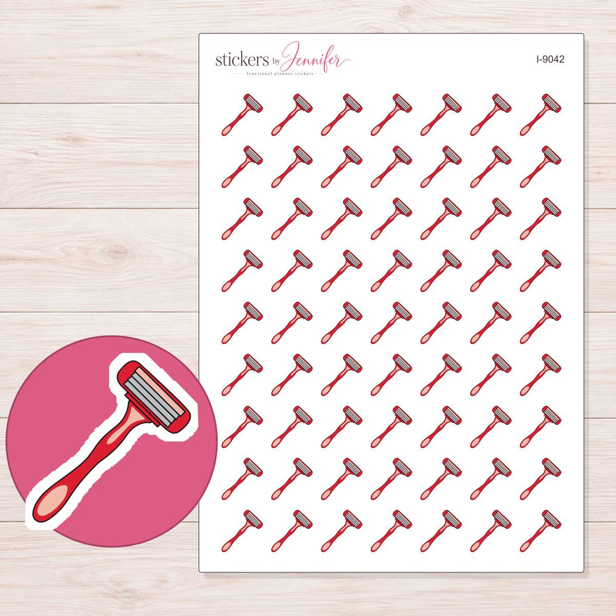 Red Razor Planner Stickers | I-9042 — 5 × 7 inch sheet and enlarged sticker detail