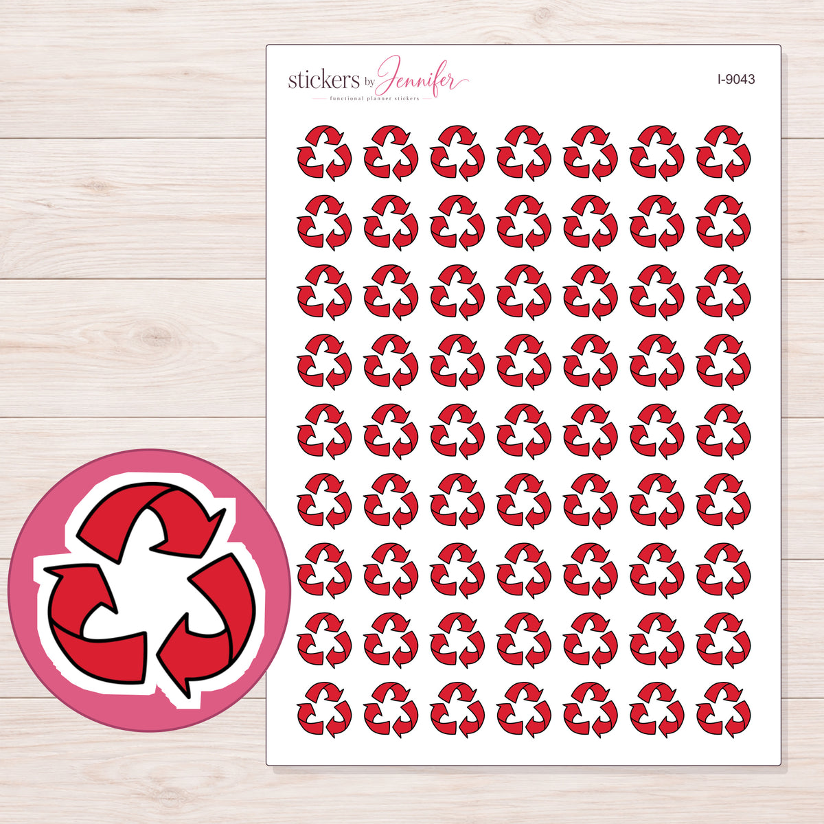 Red Recycling Symbol Planner Stickers | I-9043 — 5 × 7 inch sheet and enlarged sticker detail