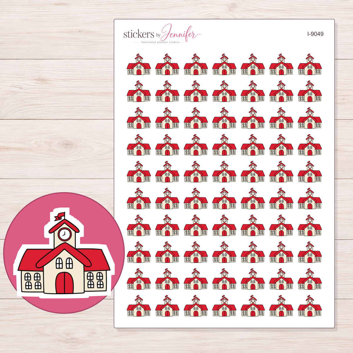 Red Schoolhouse Planner Stickers | I-9049 — 5 × 7 inch sheet and enlarged sticker detail