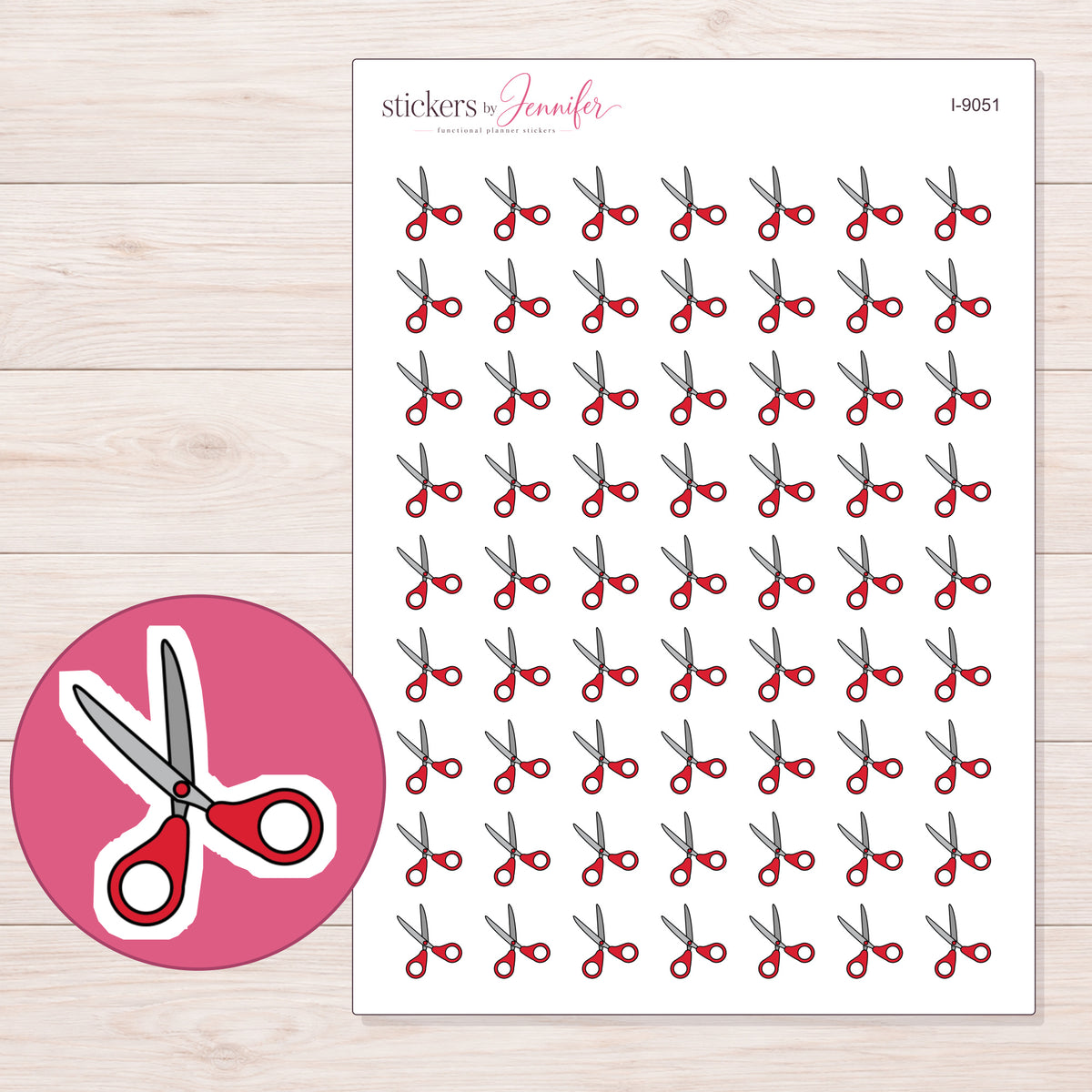 Red Handled Scissors Planner Stickers | I-9051 — 5 × 7 inch sheet and enlarged sticker detail