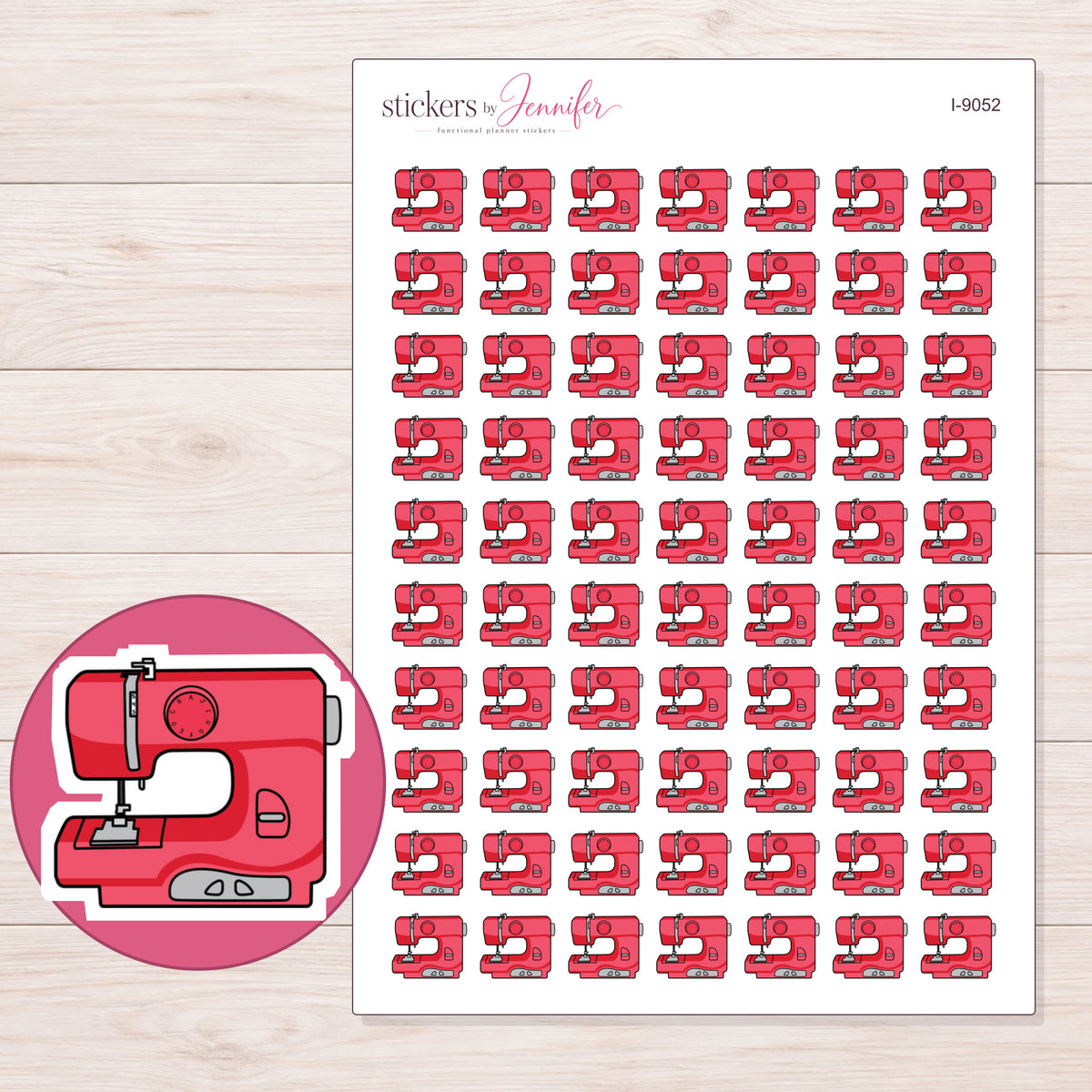 Pink Sewing Machine Planner Stickers | I-9052 — 5 × 7 inch sheet and enlarged sticker detail