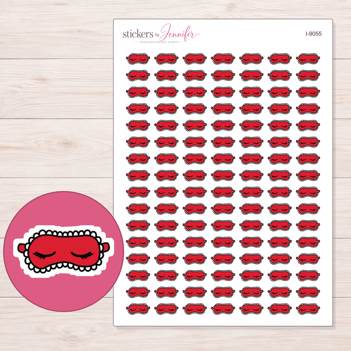 Red Sleep Mask Planner Stickers | I-9055 — 5 × 7 inch sheet and enlarged sticker detail