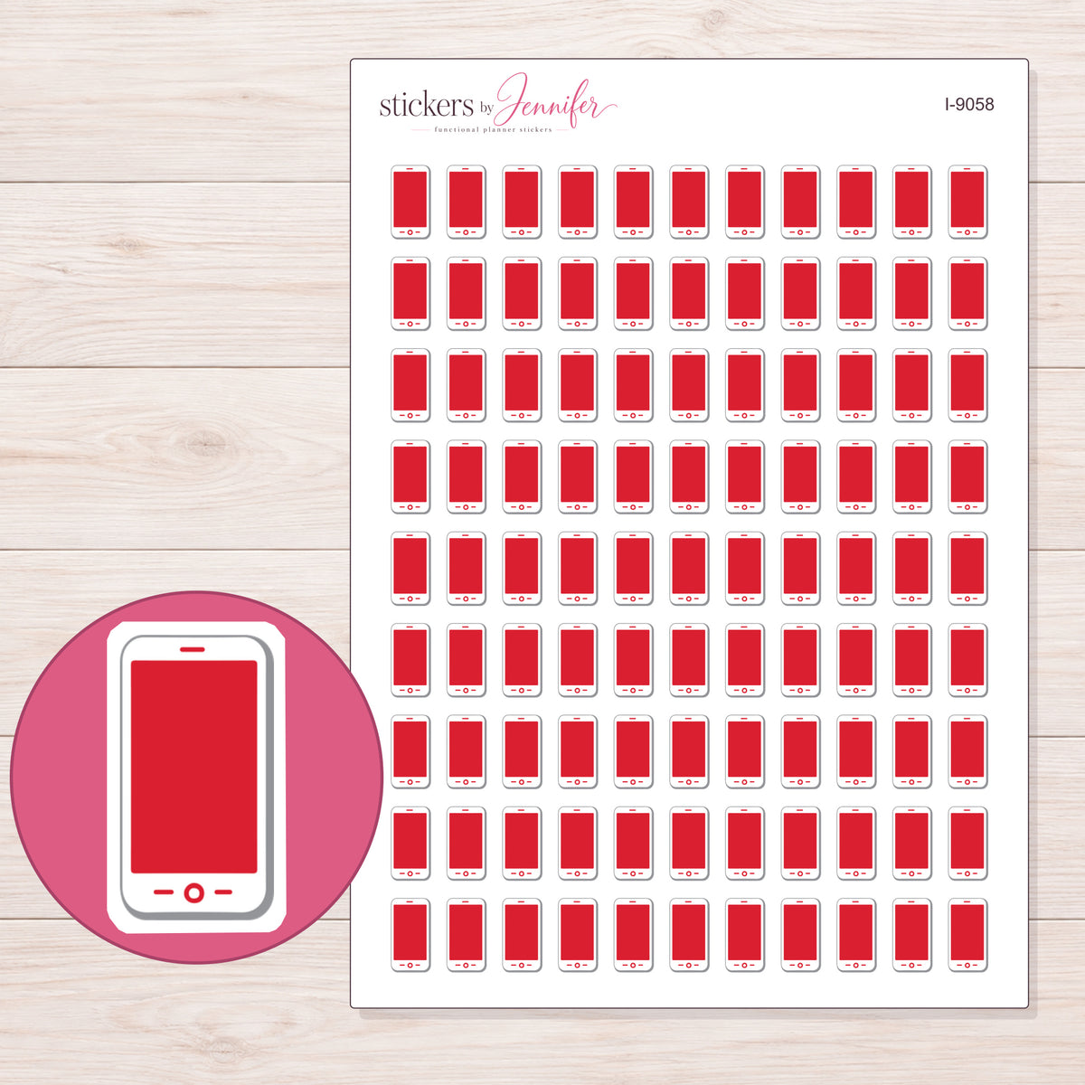 White Smartphone with Red Screen Planner Stickers | I-9058 — 5 × 7 inch sheet and enlarged sticker detail