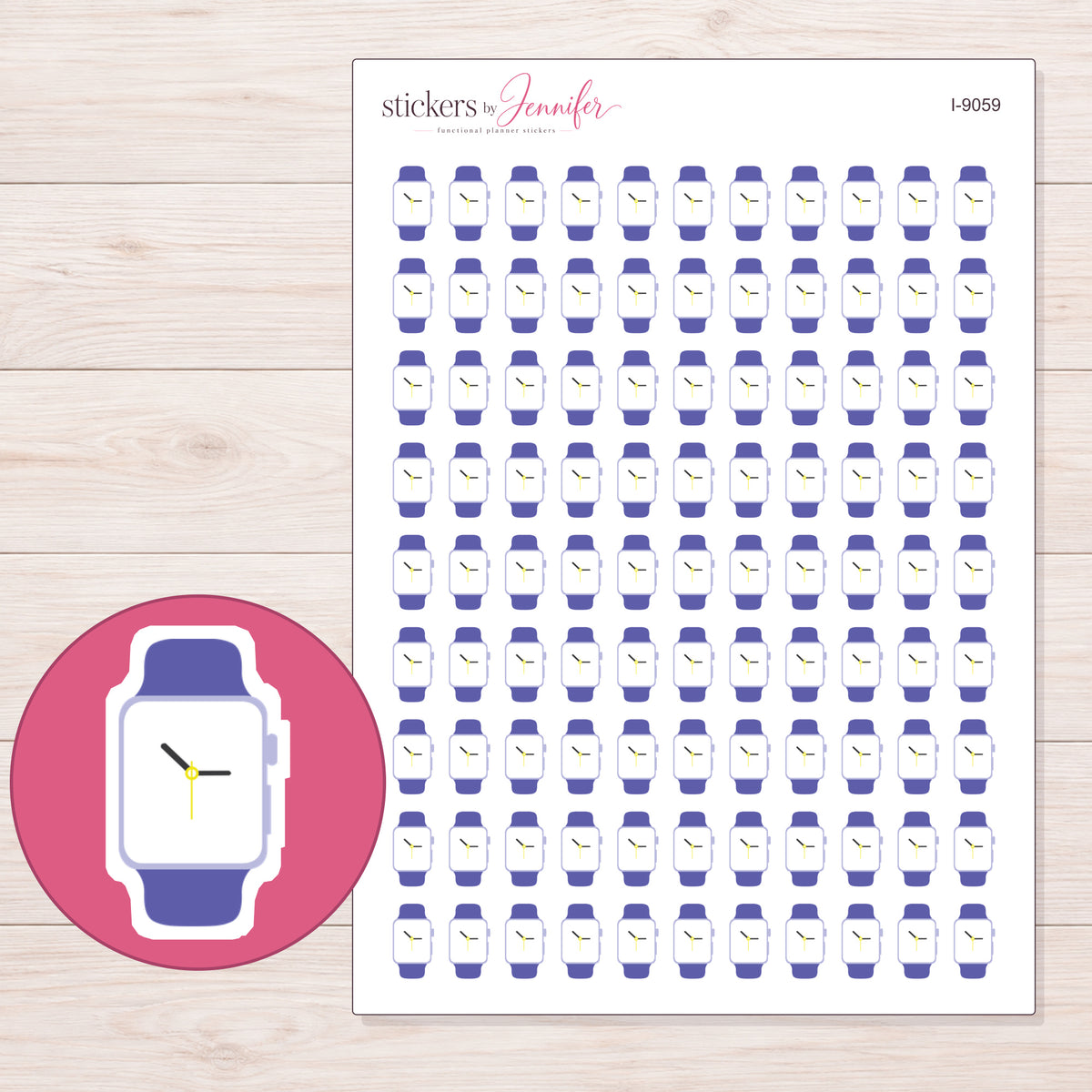 Purple Band Watch Planner Stickers | I-9059 — 5 × 7 inch sheet and enlarged sticker detail