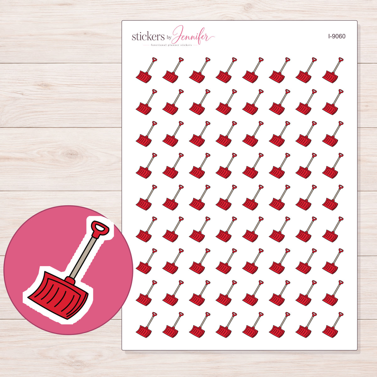 Red Snow Shovel Planner Stickers | I-9060 — 5 × 7 inch sheet and enlarged sticker detail