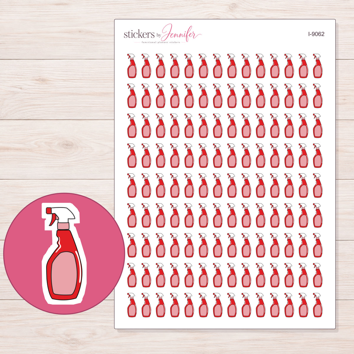 Pink Cleaning Spray Bottle Planner Stickers | I-9062 — 5 × 7 inch sheet and enlarged sticker detail