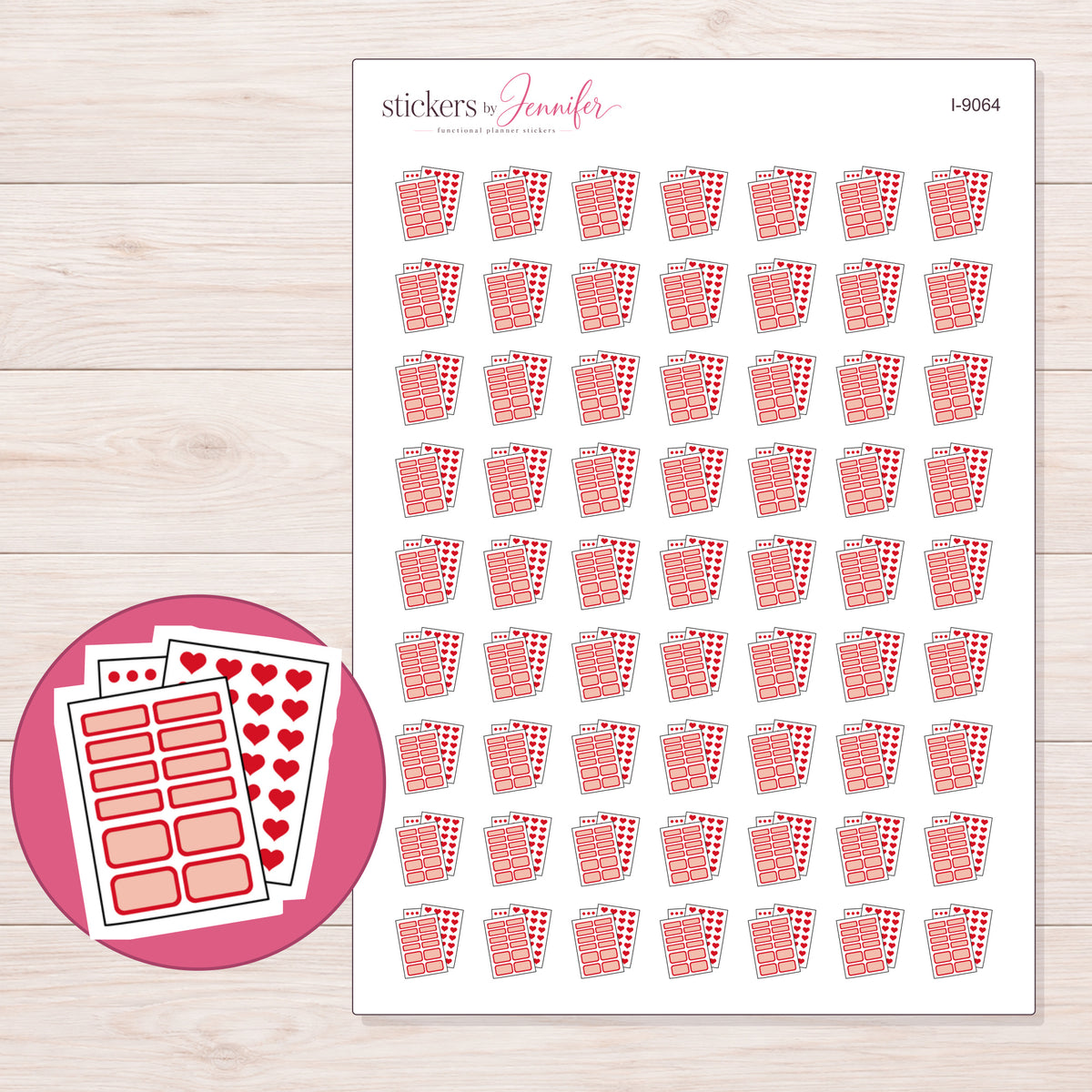 Red Planner Sticker Sheets Planner Stickers | I-9064 — 5 × 7 inch sheet and enlarged sticker detail