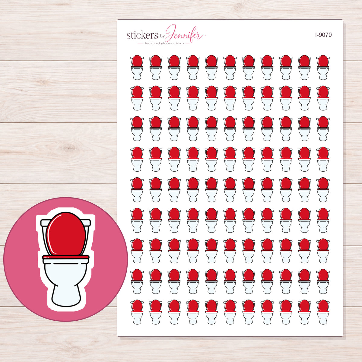 White Toilet with Red Seat Planner Stickers | I-9070 — 5 × 7 inch sheet and enlarged sticker detail