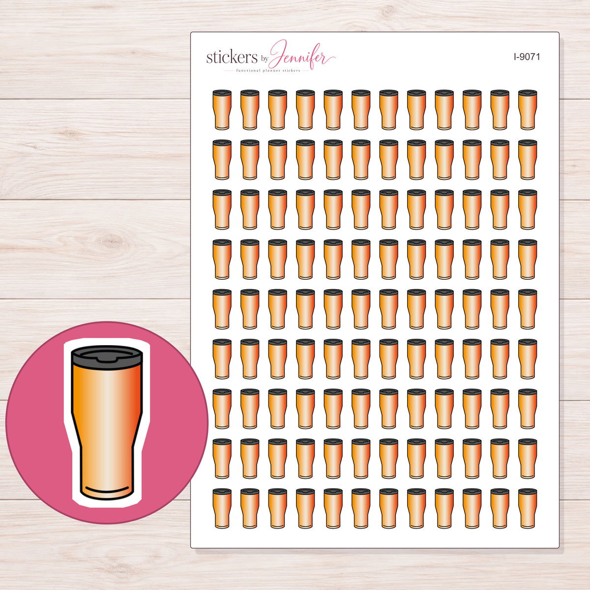 Orange Travel Tumbler Planner Stickers | I-9071 — 5 × 7 inch sheet and enlarged sticker detail