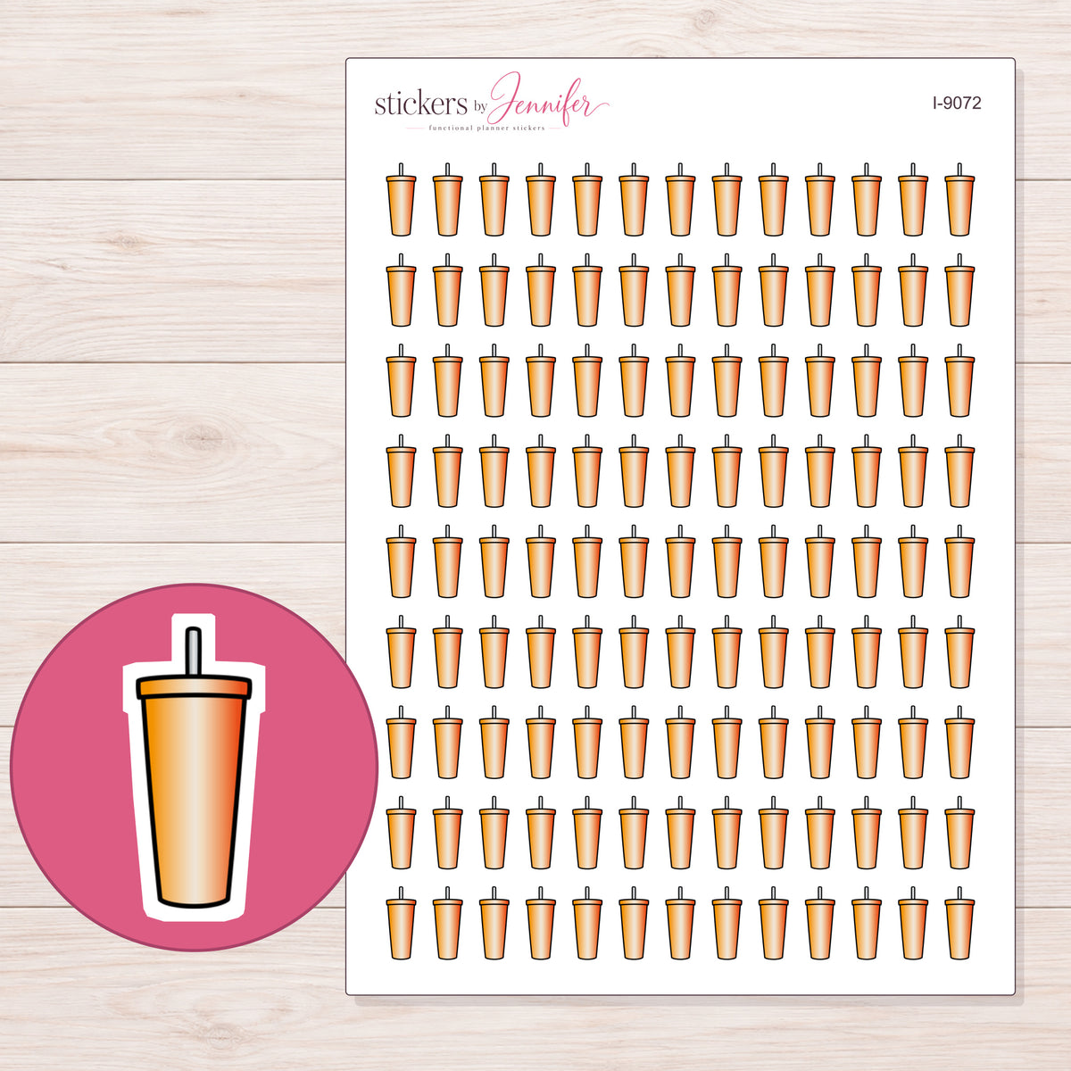 Orange Straw Tumbler Planner Stickers | I-9072 — 5 × 7 inch sheet and enlarged sticker detail
