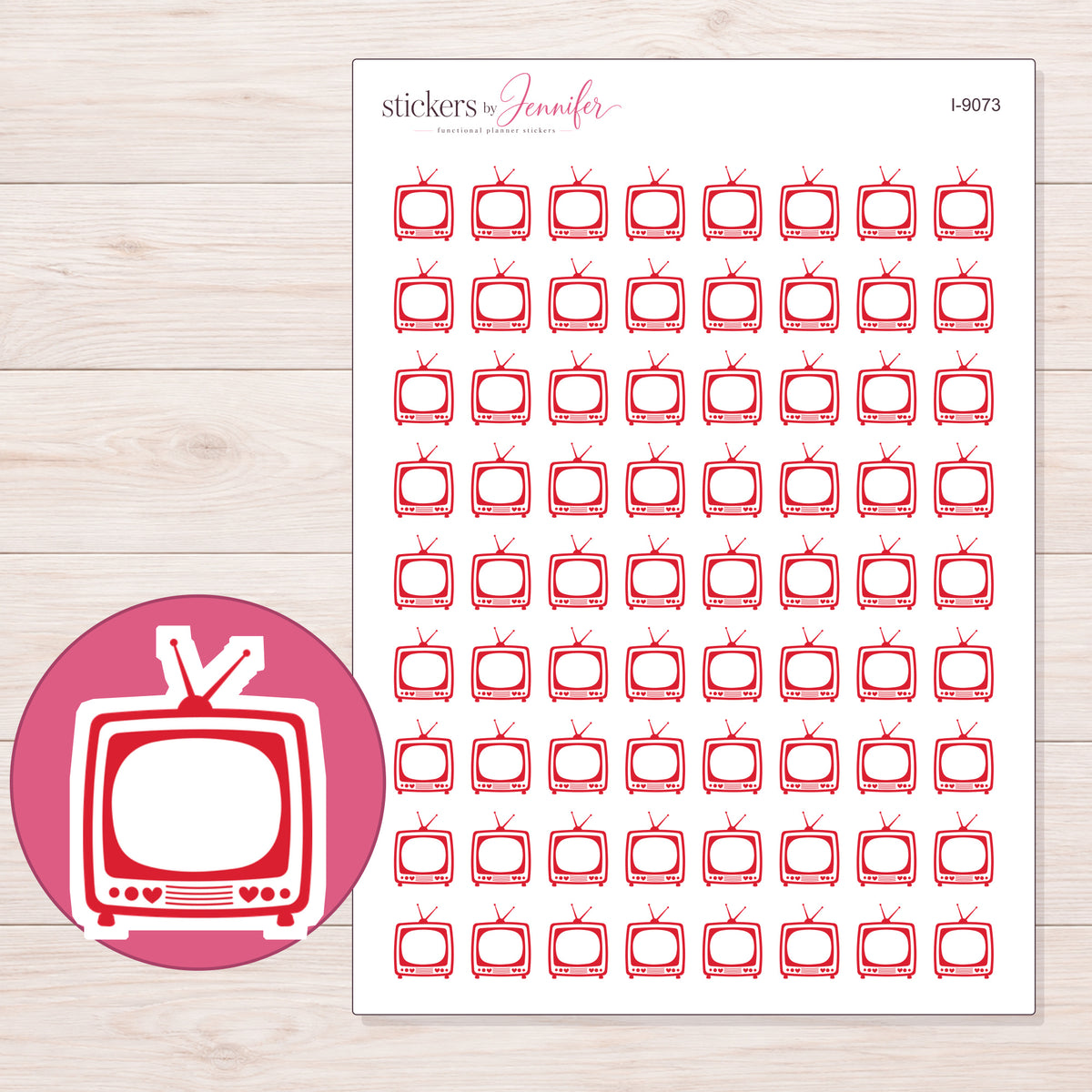Red Outline Retro Television Planner Stickers | I-9073 — 5 × 7 inch sheet and enlarged sticker detail
