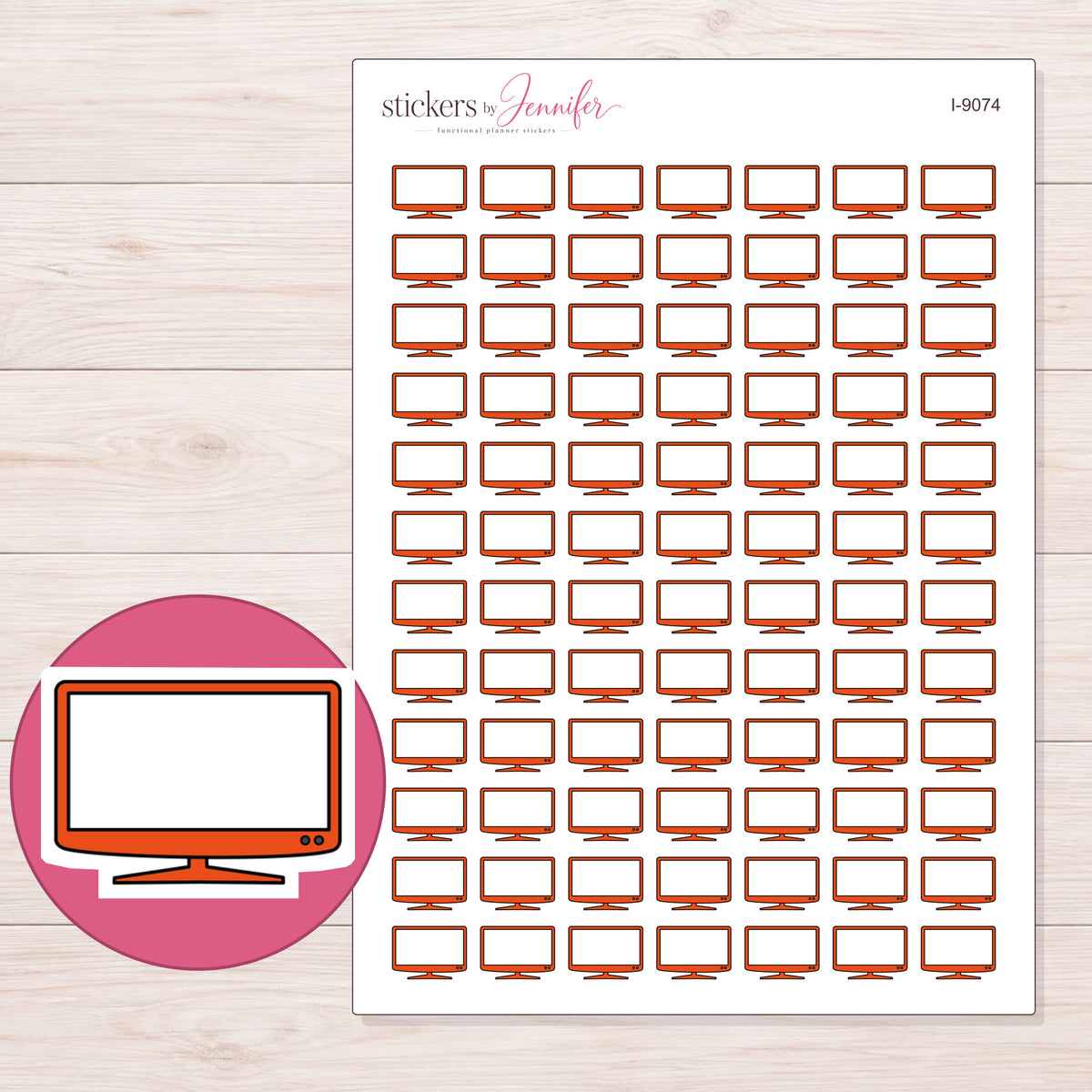 Orange Flat Screen Television Planner Stickers | I-9074 — 5 × 7 inch sheet and enlarged sticker detail